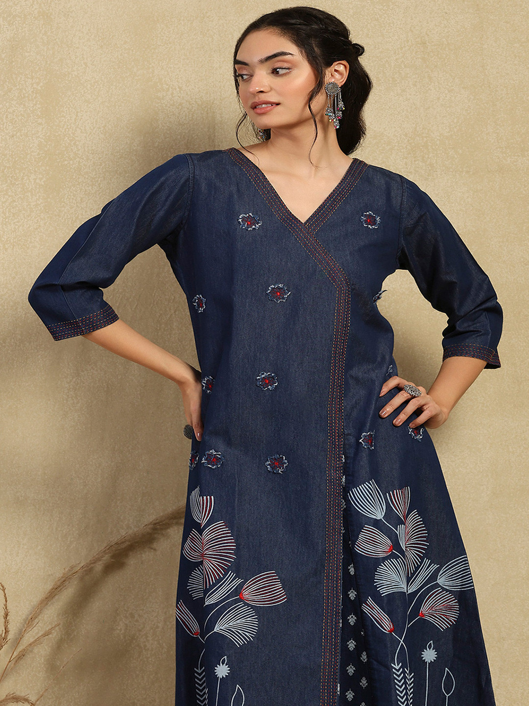 House of Chikankari Floral Printed V-Neck A-Line Thread Work Denim Kurta