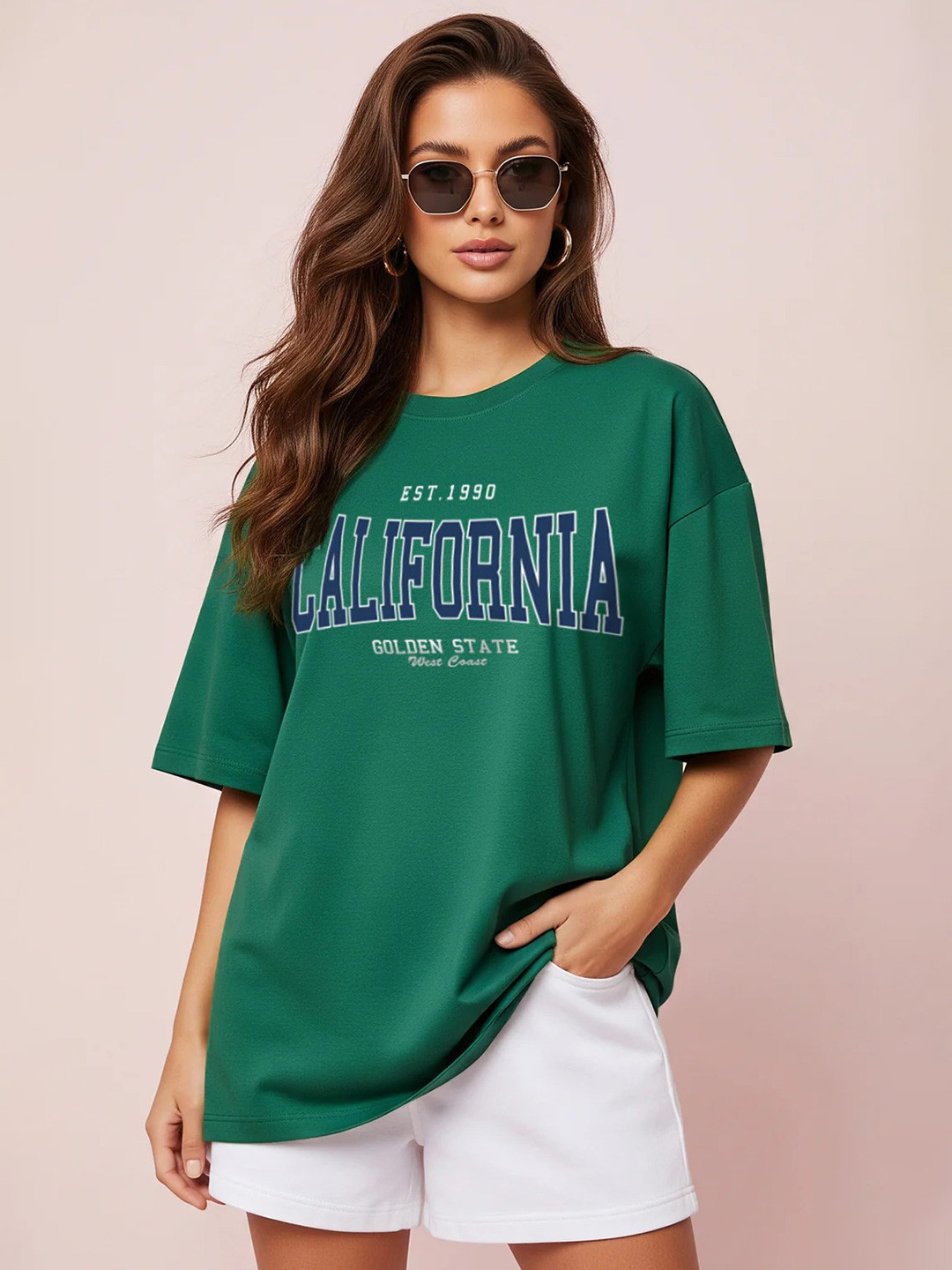 JUNEBERRY Women Green Typography Printed Relaxed Fit Pure Cotton Oversized T-shirt
