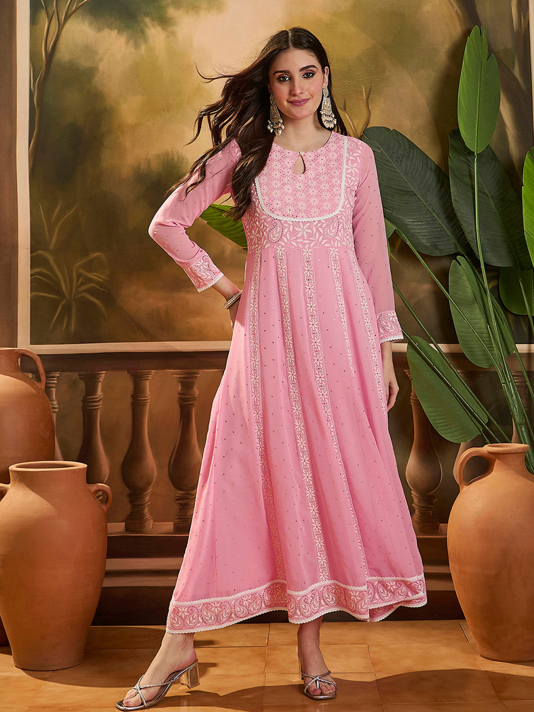 Sangria Floral Embroidered Gathered or Pleated Fit & Flare Maxi Dress