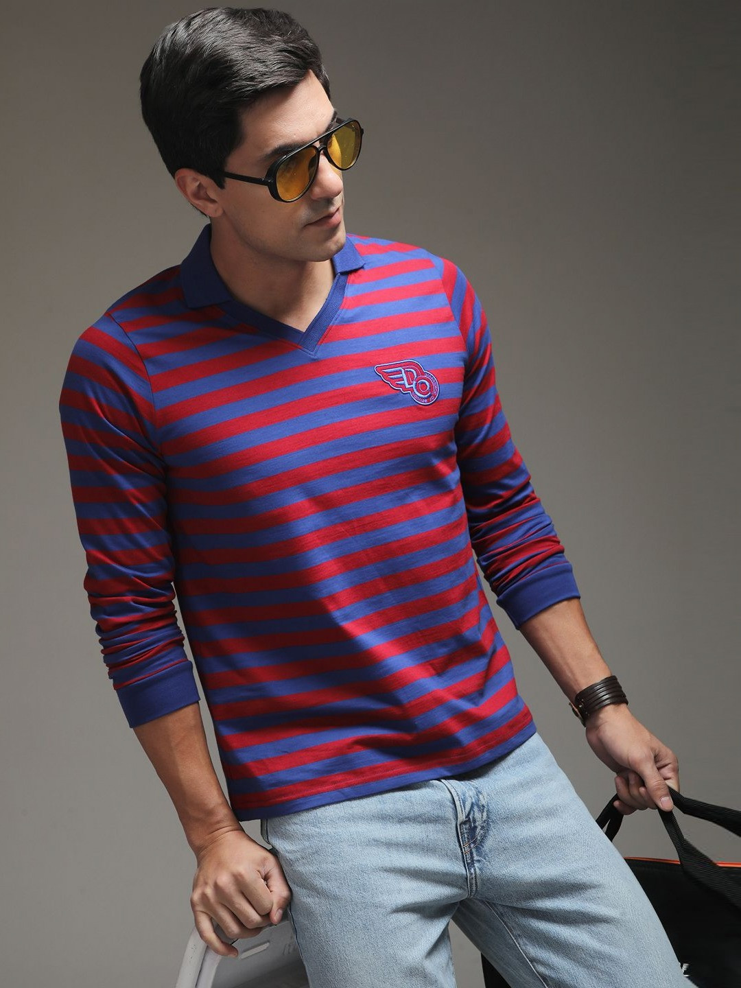 Difference Of Opinion Men Regular Fit Long Sleeve Striped Polo Tshirt
