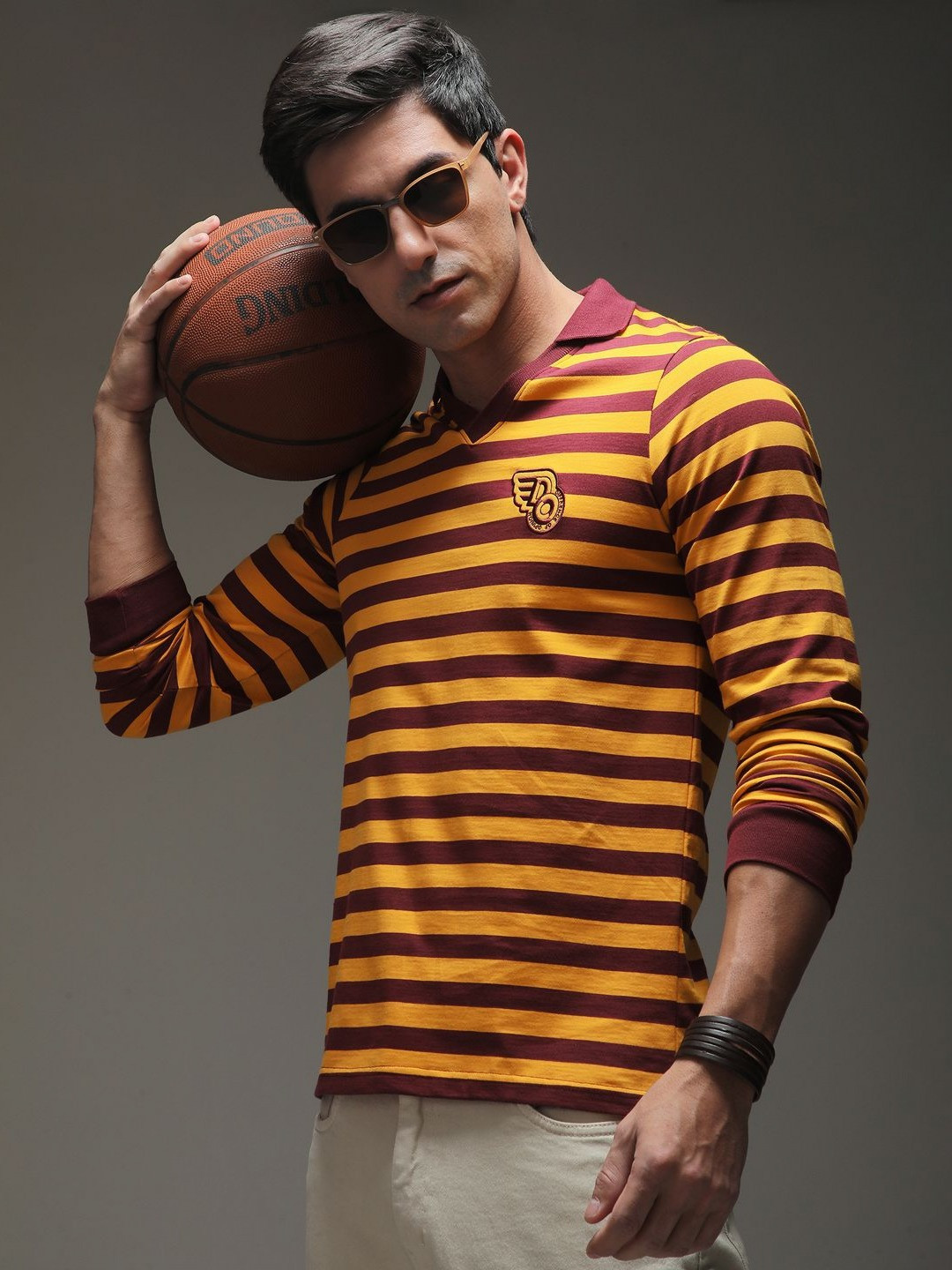 Difference Of Opinion Men Regular Fit Long Sleeve Striped Polo Tshirt
