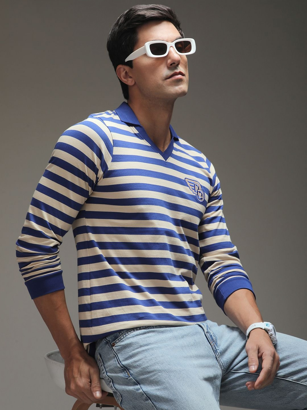Difference Of Opinion Men Regular Fit Long Sleeve Striped Polo Tshirt