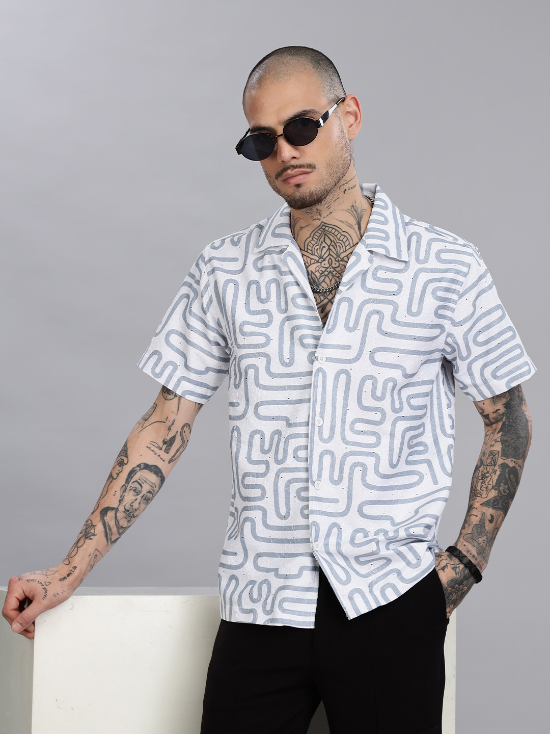 Guns & Sons Men Comfort Boxy Fit Geometric Printed Cuban Collar Casual Shirt