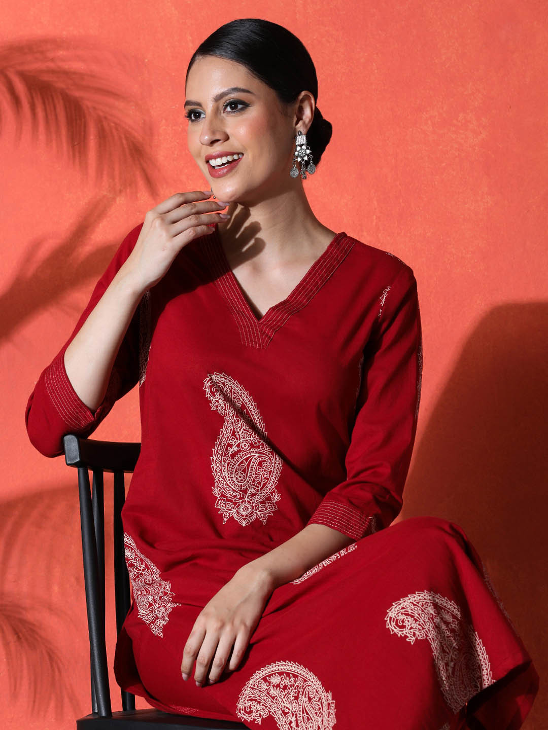 Red Paisley Prented Pure Cotton A-line Kurta