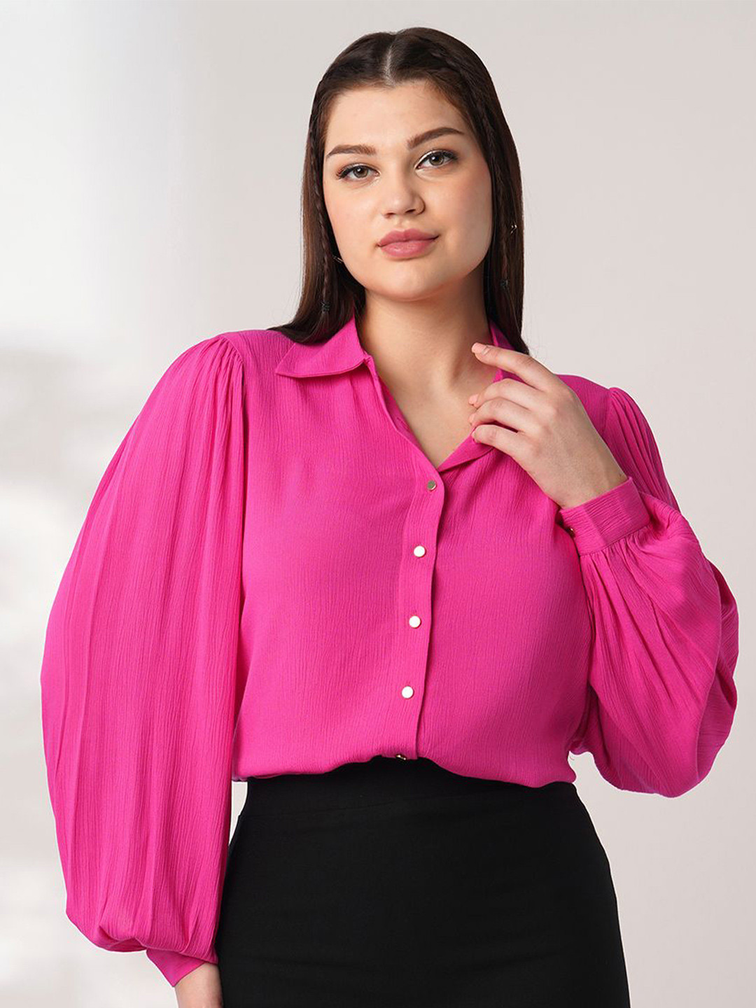 Globus Self Design Spread Collar Puff Sleeves Workwear Shirt