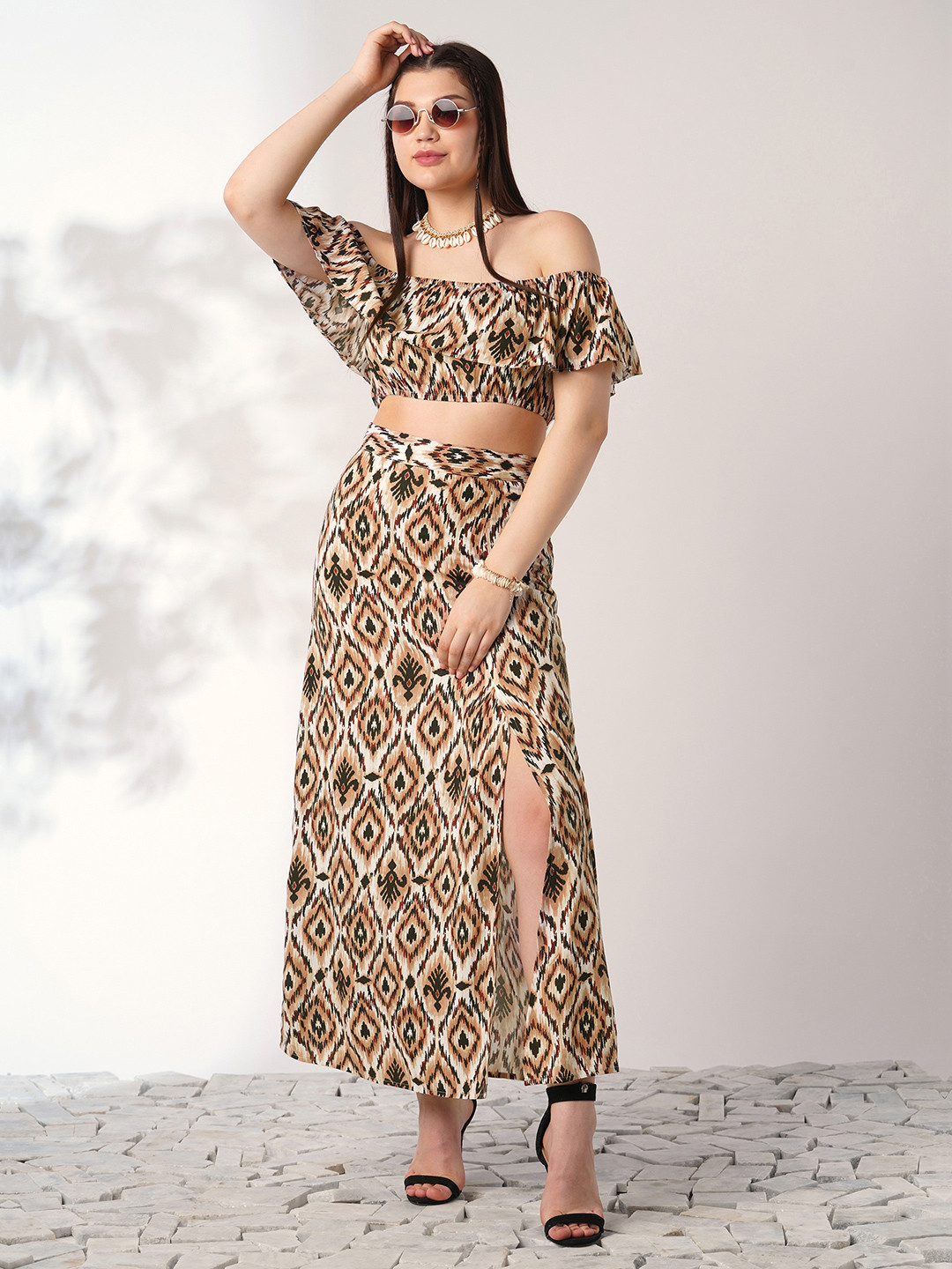 Globus Ikat Print Off Shoulder Ruffle Fitted Crop Top With Side Slit Maxi Skirt Co-ord Set