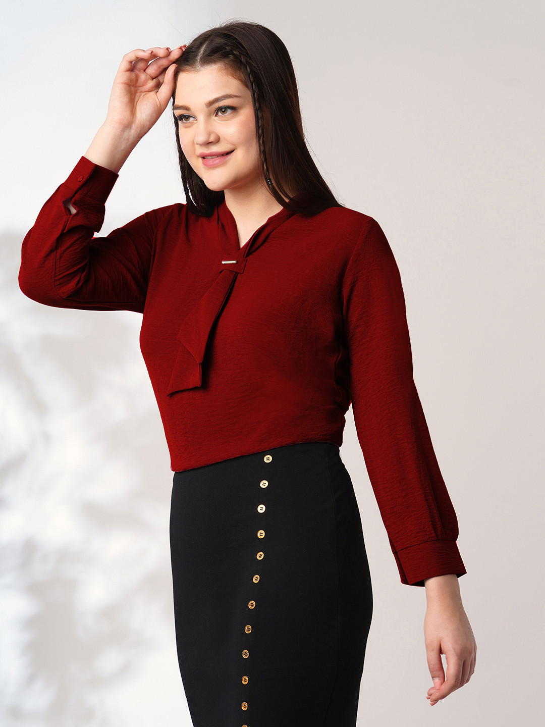 Globus Tie-Up Neck Cuffed Sleeves Workwear Top