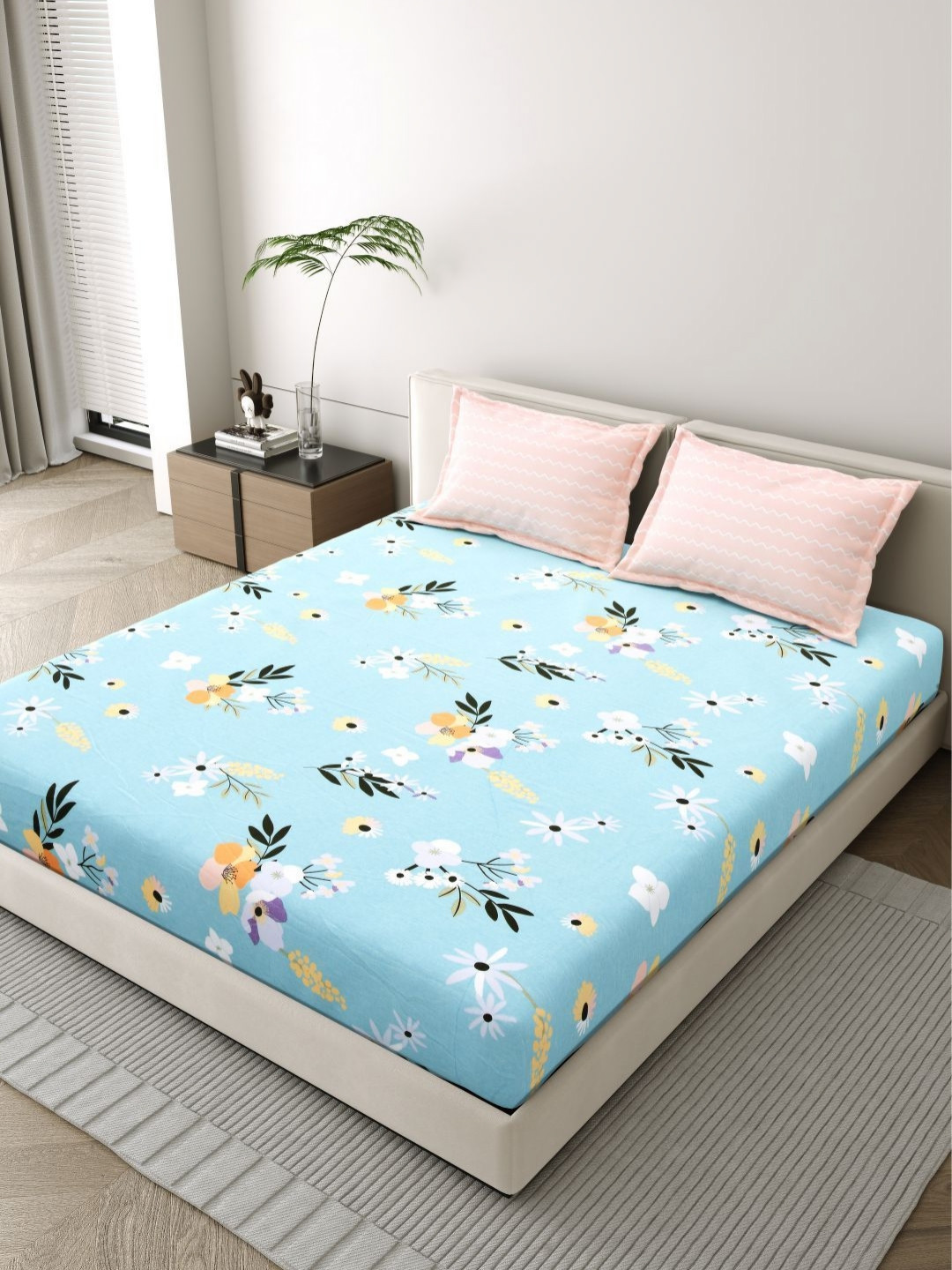 DREAM WEAVERZ Lounge Fur Blue Floral Polycotton 260 TC Fitted King Fine Bedsheet with 2 Pillow Covers-235 x 255 cm
