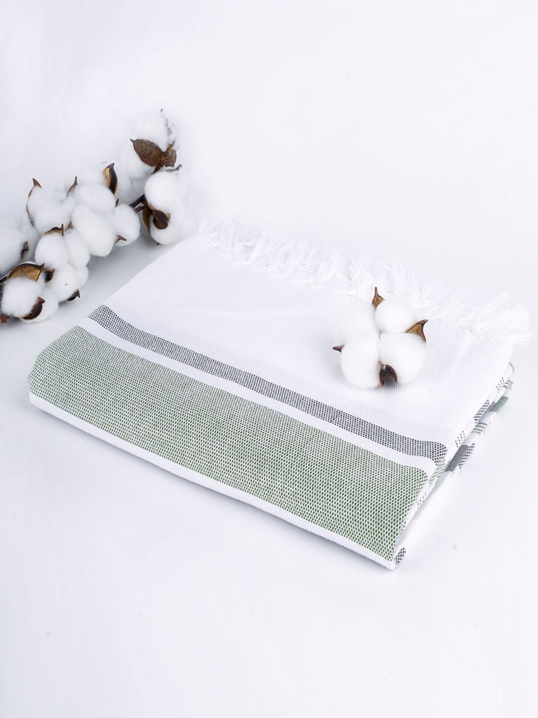 The Bath Community White & Green Striped 150GSM Set of 1 Anti-Bacterial Cotton Bath Towel
