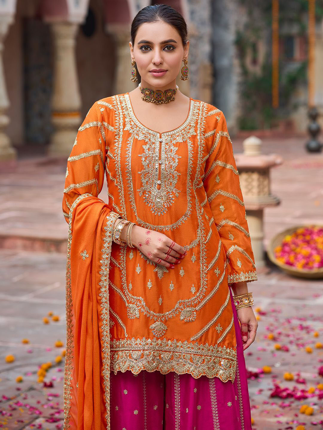 Indo Era Floral Embroidered Sequinned Chinon Straight Republic Day Kurta With Palazzos & Dupatta