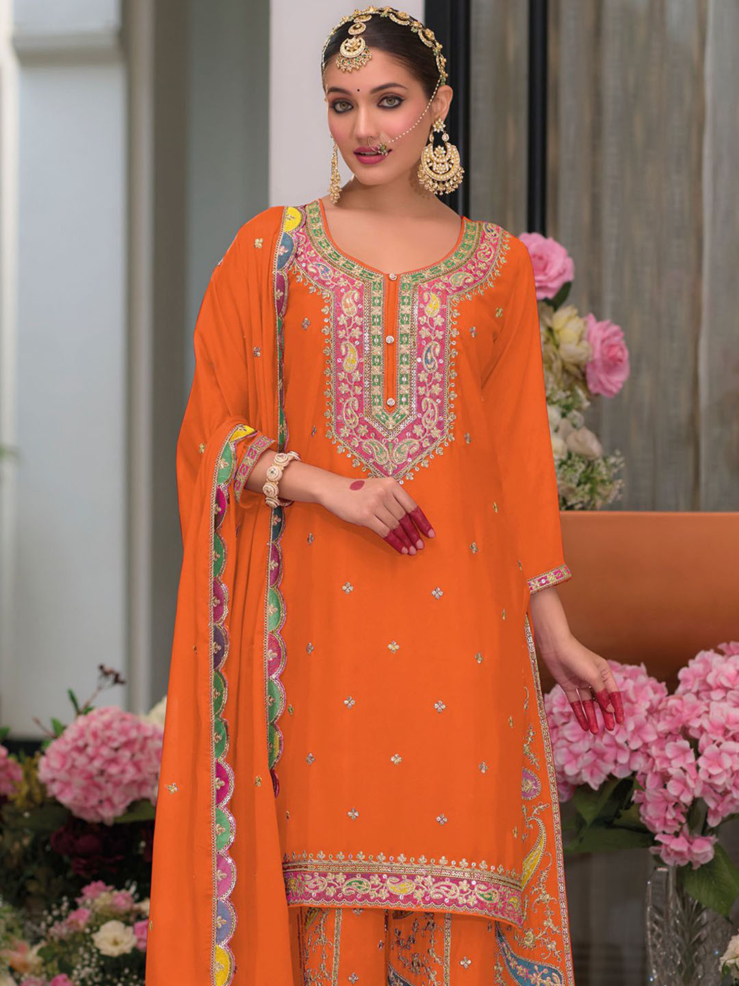 Indo Era Floral Embroidered Sequinned Chinon Straight Kurta With Palazzos & Dupatta