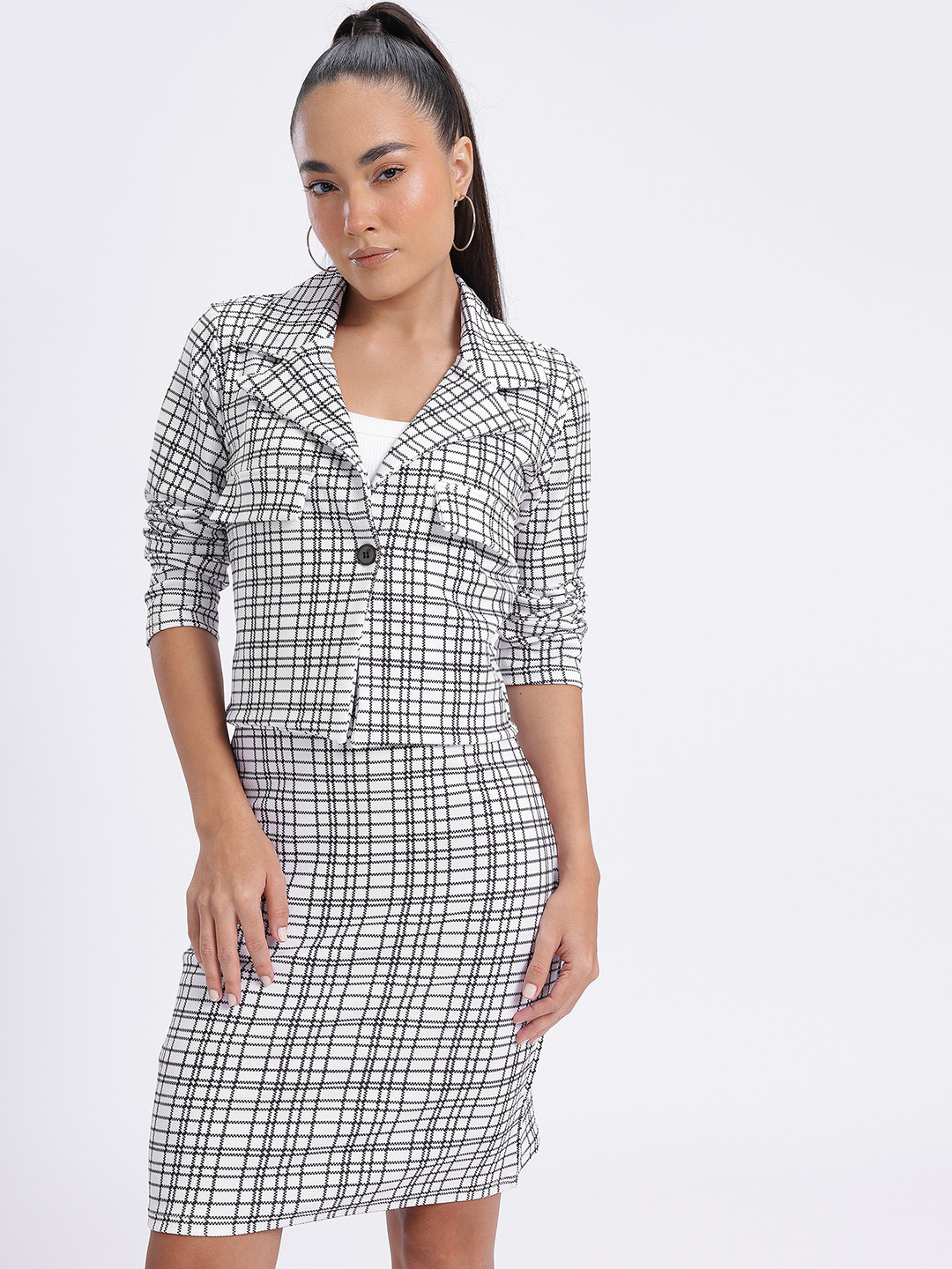 Checked Blazer & Skirt with Crop Top