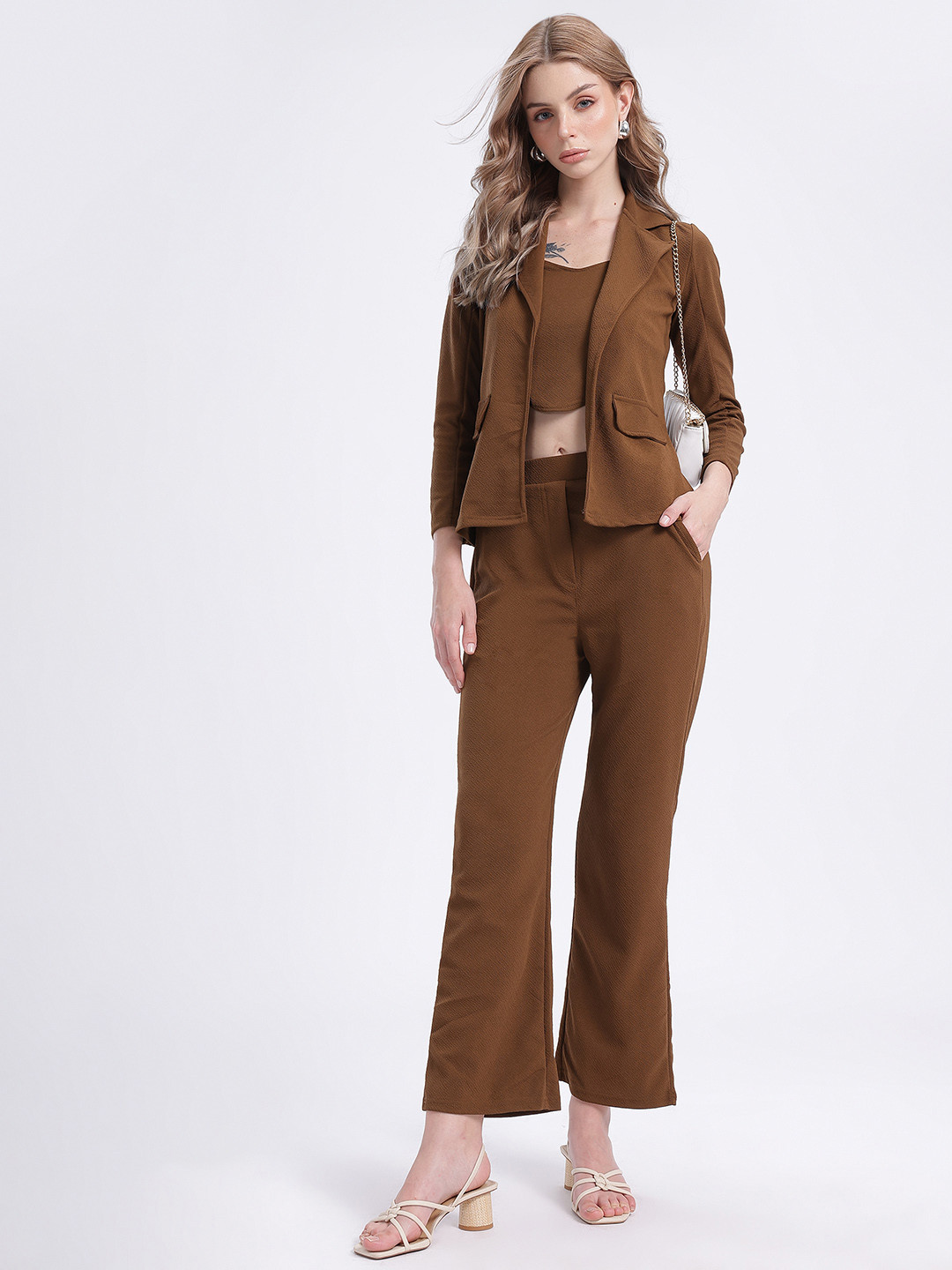 Coffee Brown Solid Co-Ords with Blazer and Trousers