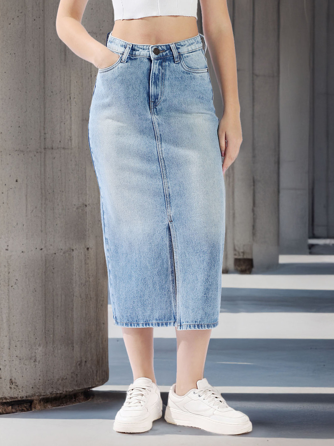 High Star Women High Rise A-Line Midi Denim Side Front Slit cotton Skirt