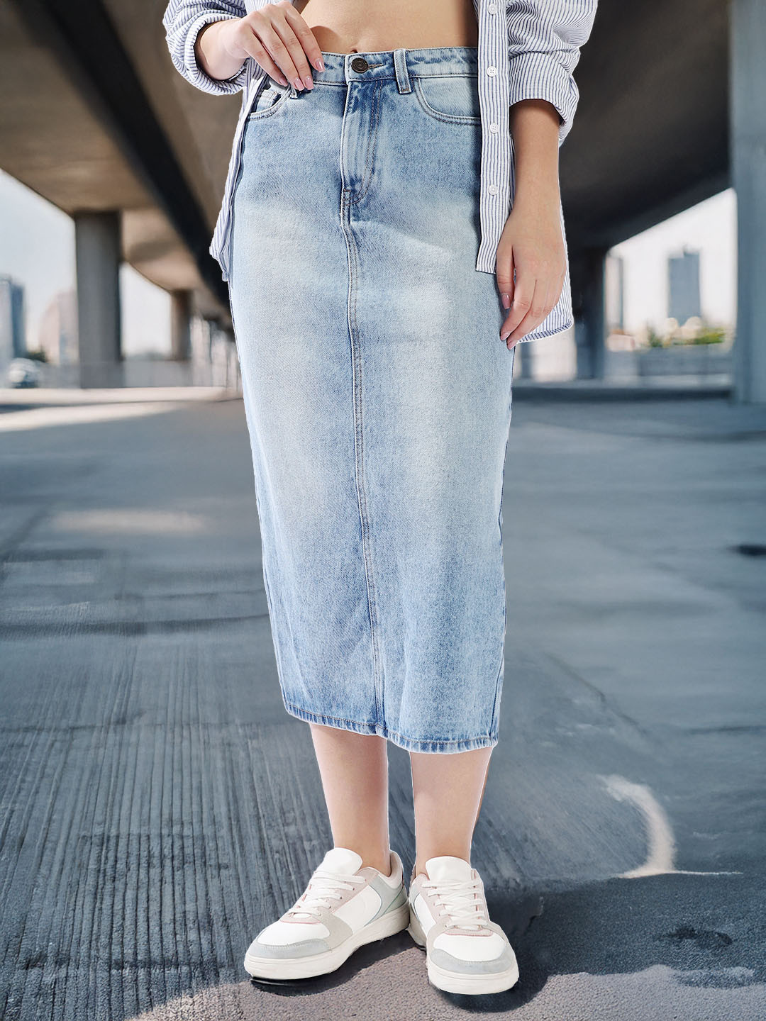 High Star Women High Rise A-Line Midi Denim Side Back Slit Cotton Skirt