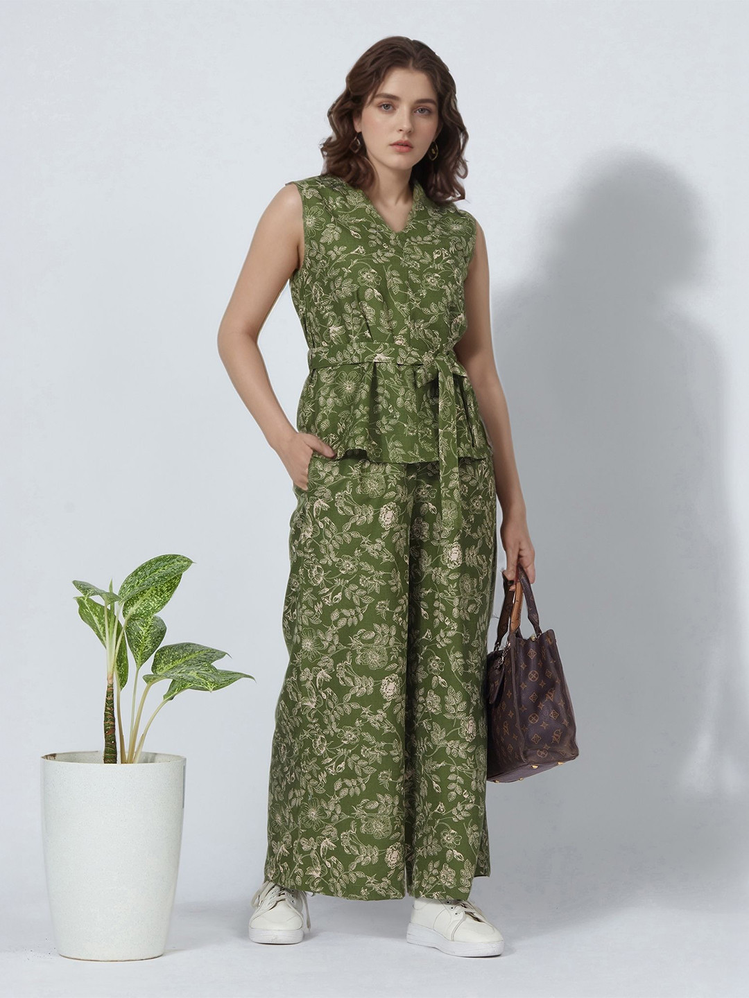 DressBerry Printed V-Neck Linen Tunic & Palazzo