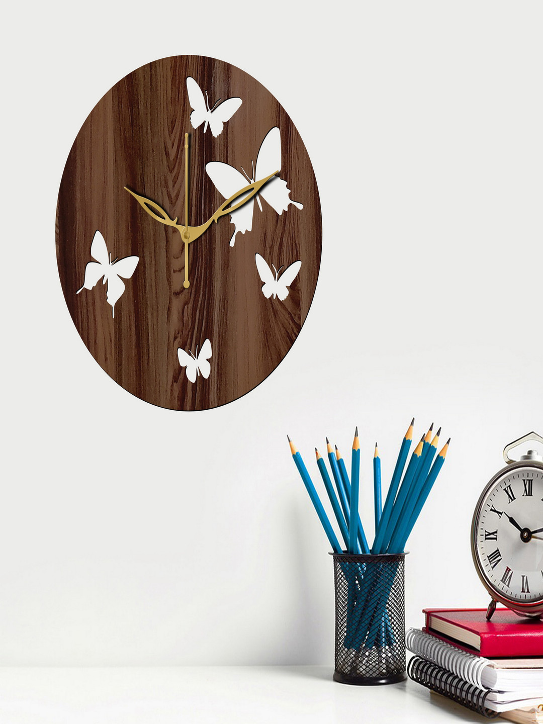 Freny Exim White & Brown Butterfly Printed Contemporary Wooden Wall Clock