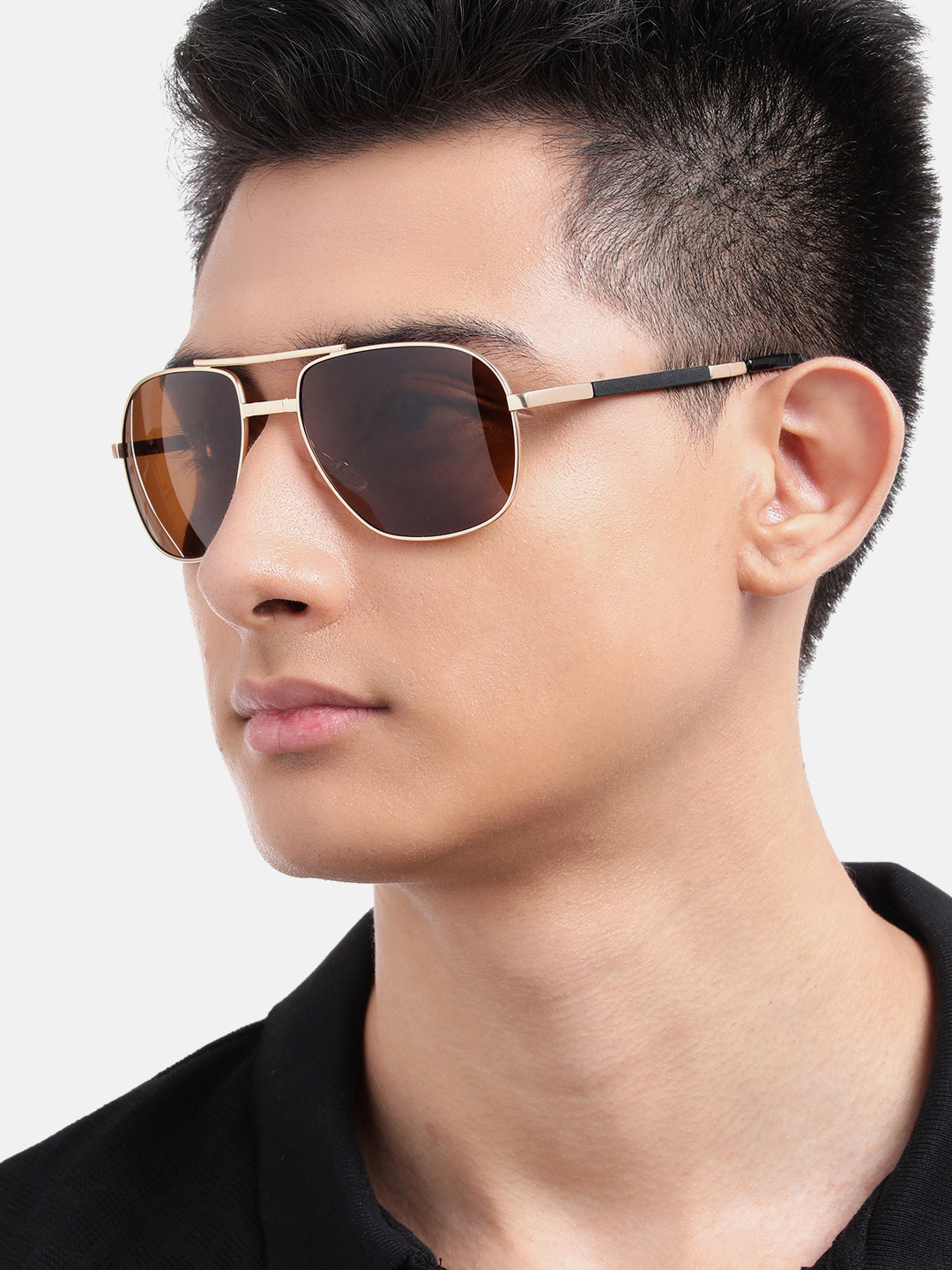 Carlton London Gold with Black Toned Brown Polarised Lens Foldover Rectangle Sunglass