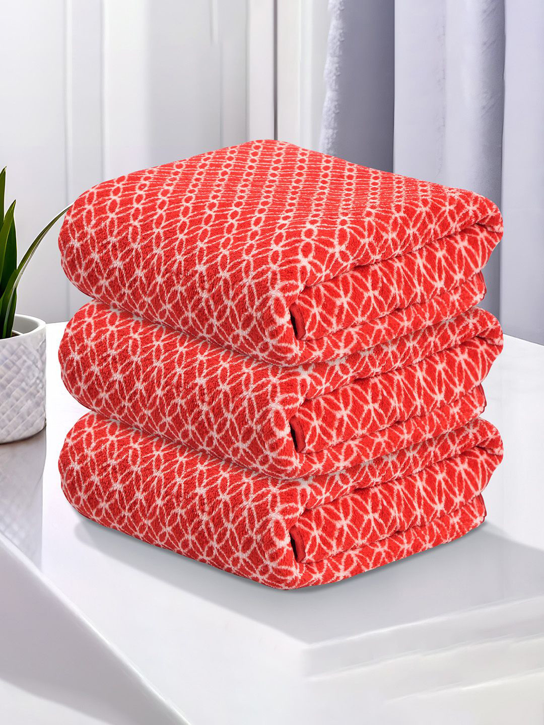 Kuber Industries Red & White 3 Pcs Printed 280 GSM Ultra Absorbent Soft Bath Towels