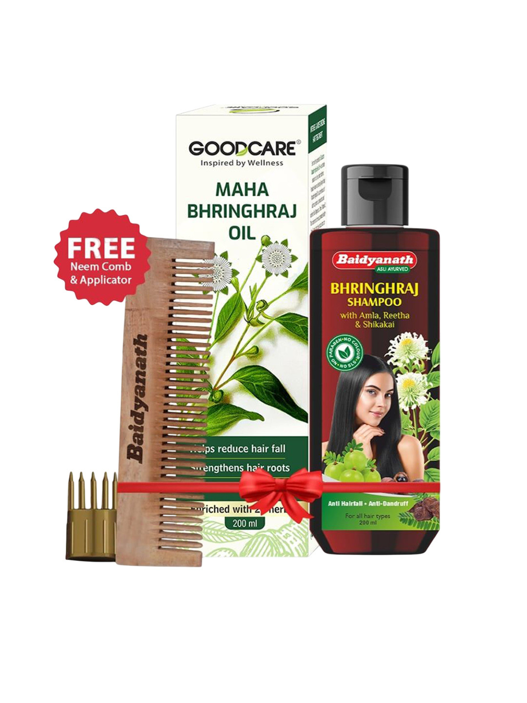 GOODCARE Set Of 3 Mahabhringraj Oil & Bhringraj Shampoo - 200 ml Each With Hair Comb