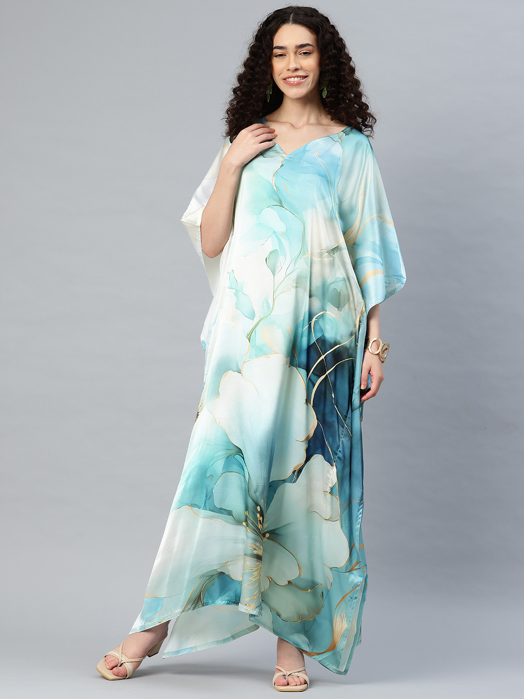 SWI Stylish Floral Print Kimono Sleeve Satin Kaftan Maxi Dress