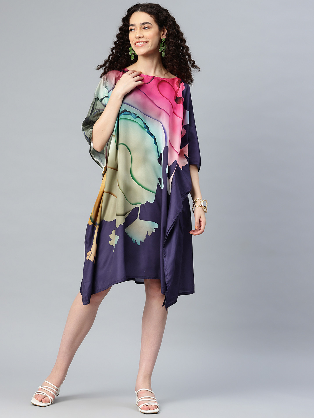 SWI Stylish Print Kimono Sleeve Crepe Kaftan Dress