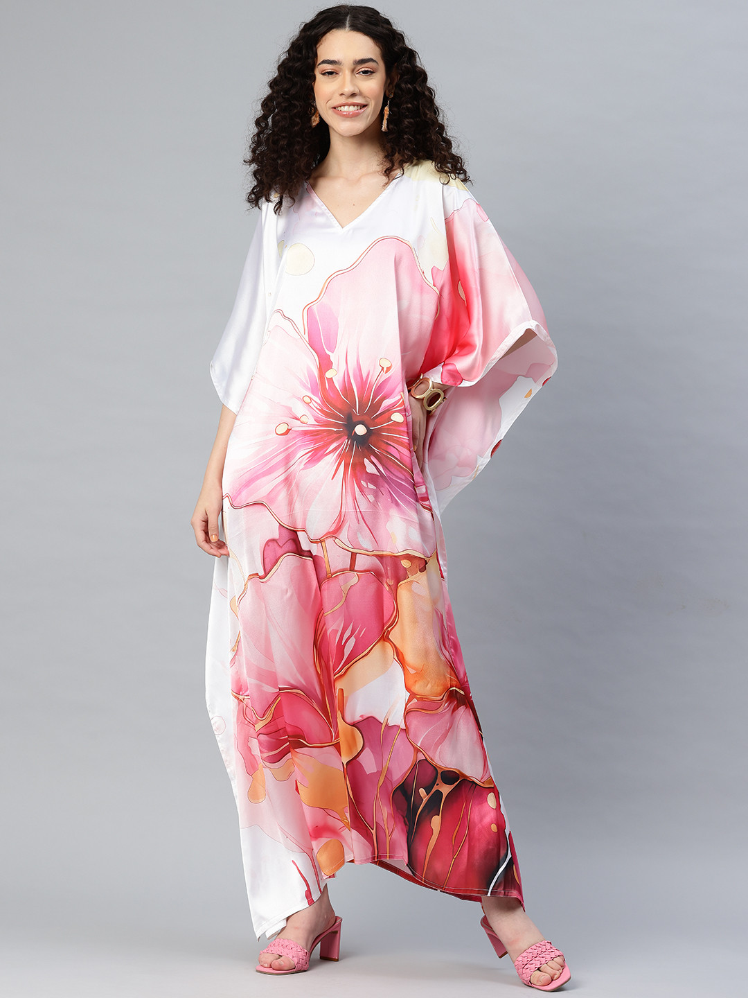 SWI Stylish Floral Print Kimono Sleeve Satin Kaftan Maxi Dress
