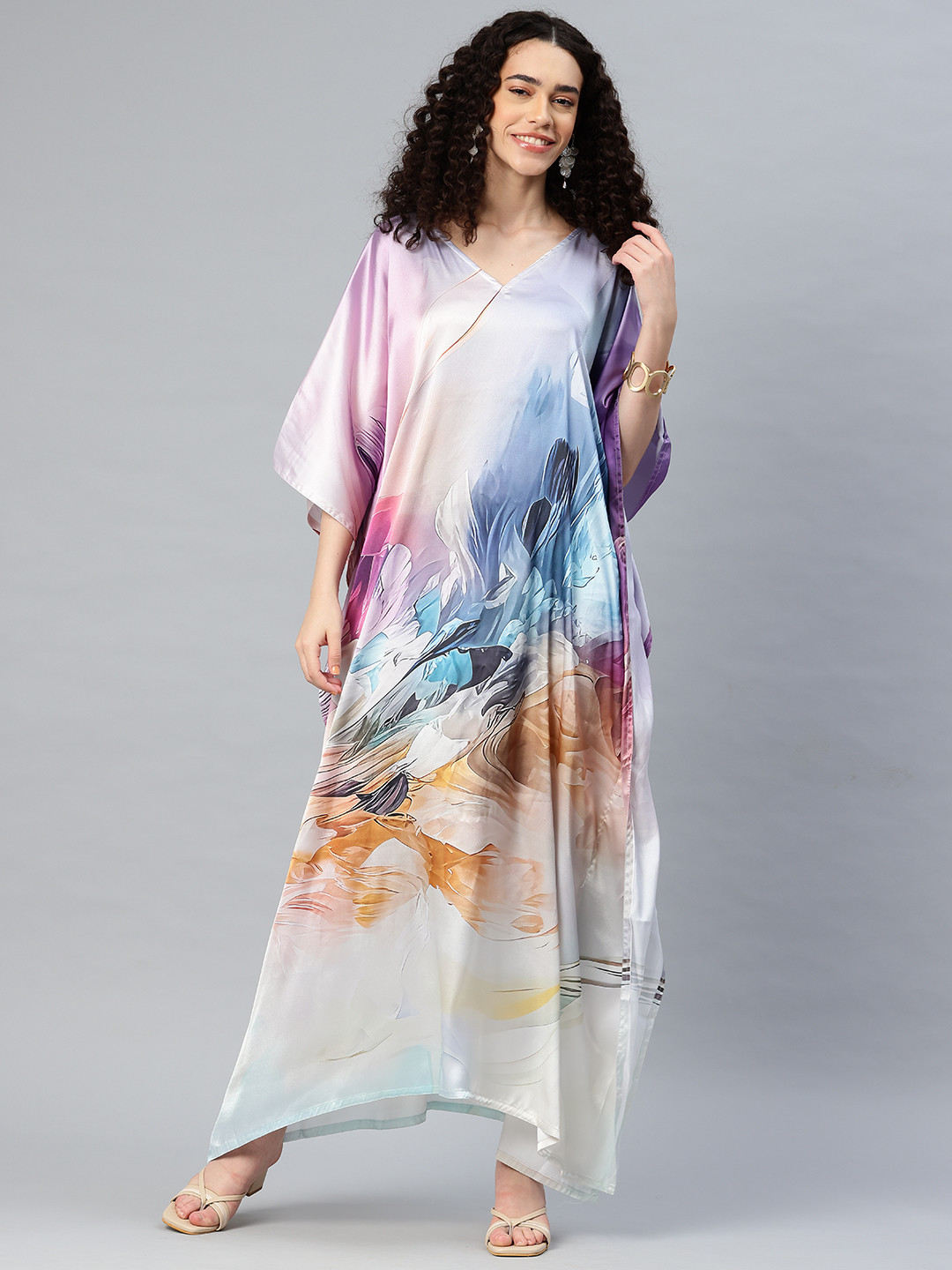 SWI Stylish Floral Print Kimono Sleeve Satin Kaftan Maxi Dress