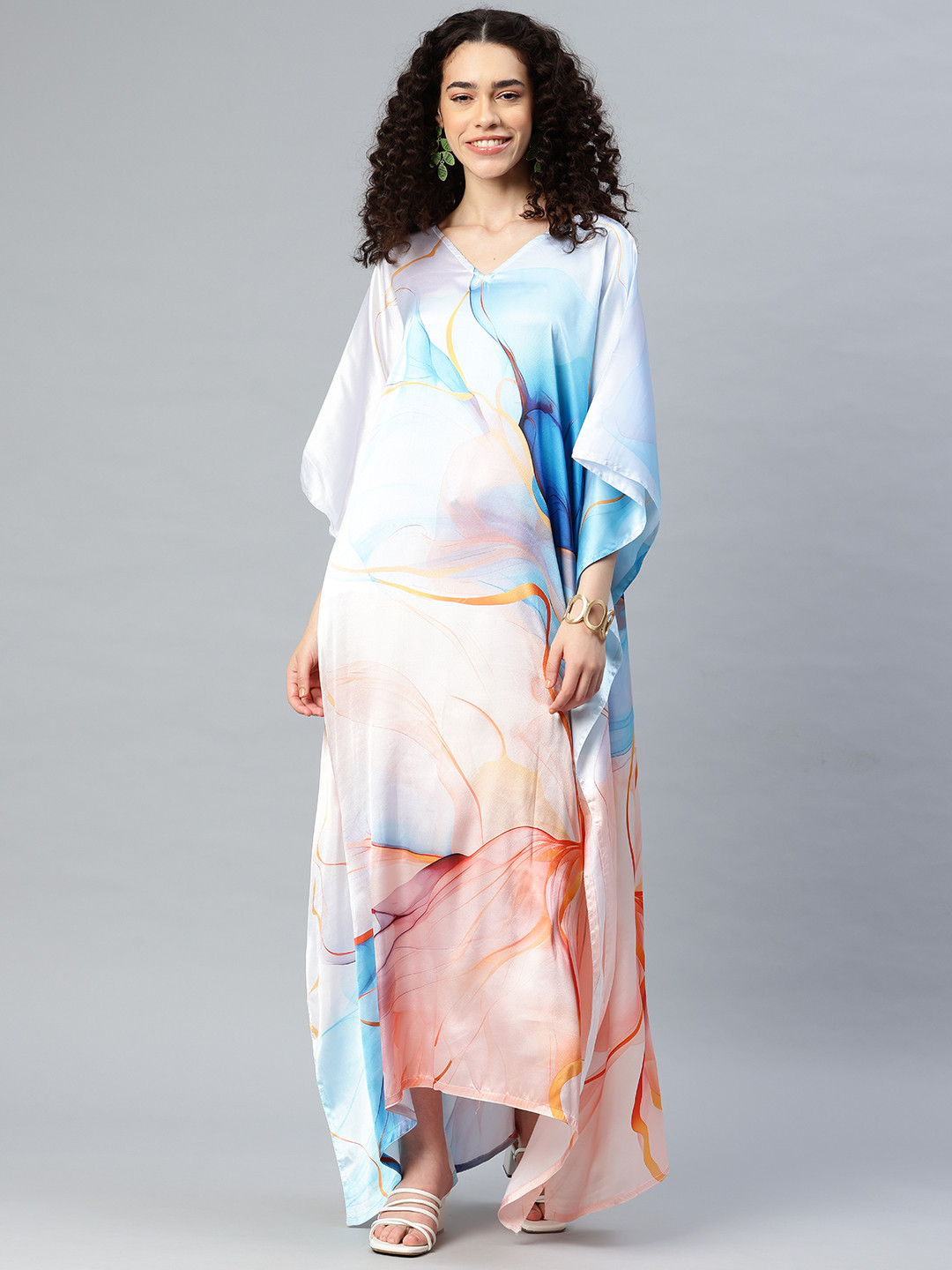SWI Stylish Print Kimono Sleeve Satin Kaftan Maxi Dress