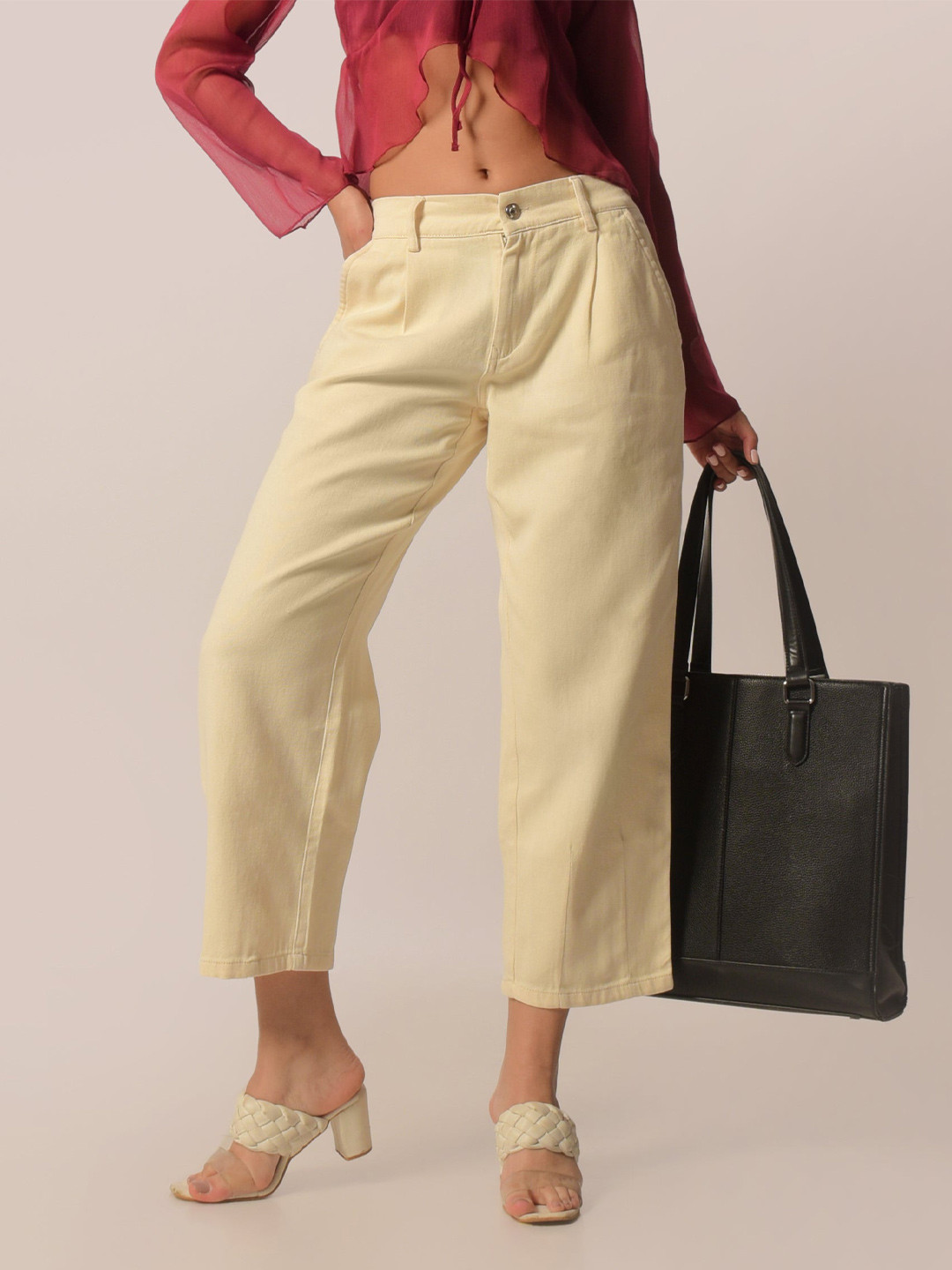 IZF Women High-Waisted Pleated Jean Pants