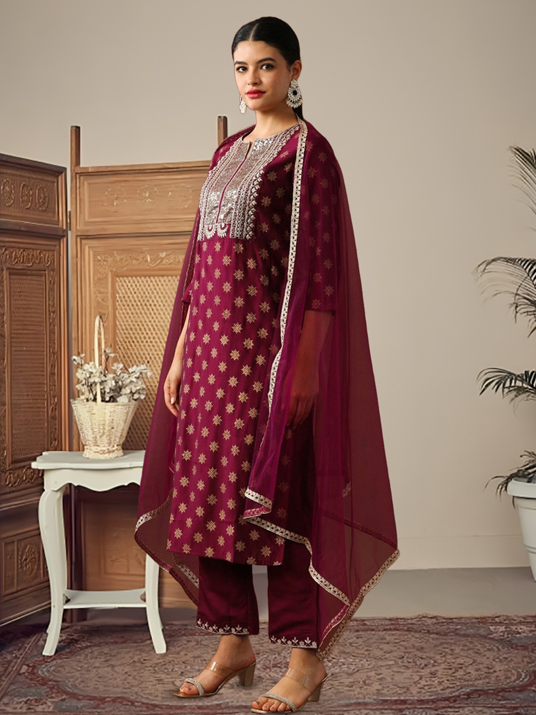 FABIAN FASHION Ethnic Motifs Printed Sequinned Notch Neck Kurta With Trousers & Dupatta