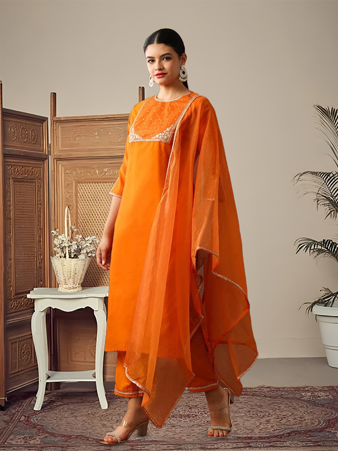 FABIAN FASHION Floral Yoke Design Chanderi Silk Kurta With Trouser And Dupatta