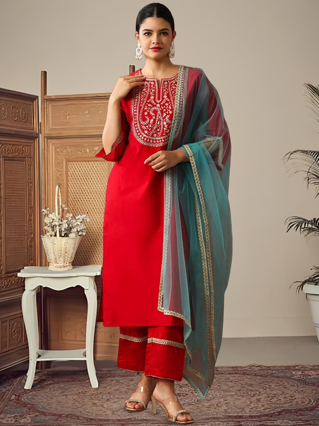 FABIAN FASHION Floral Embroidered Round Neck Chanderi Cotton Kurta With Trousers & Dupatta