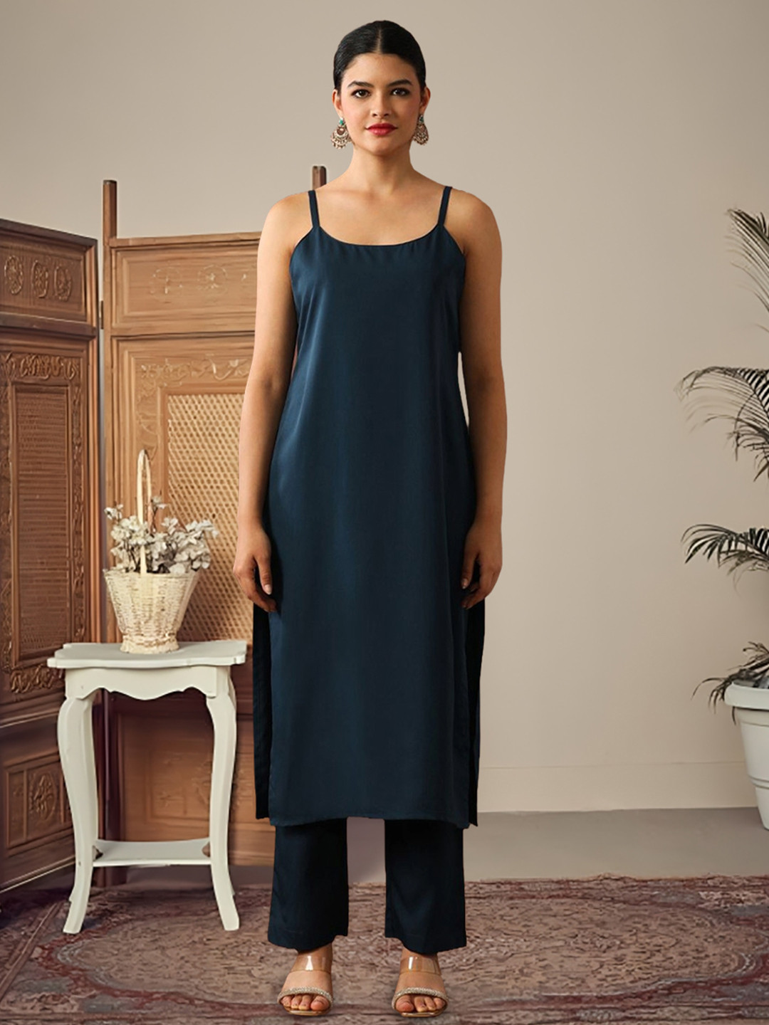 FABIAN FASHION Mandarin Collar A Line Chanderi Cotton Kurta With Trousers & Dupatta