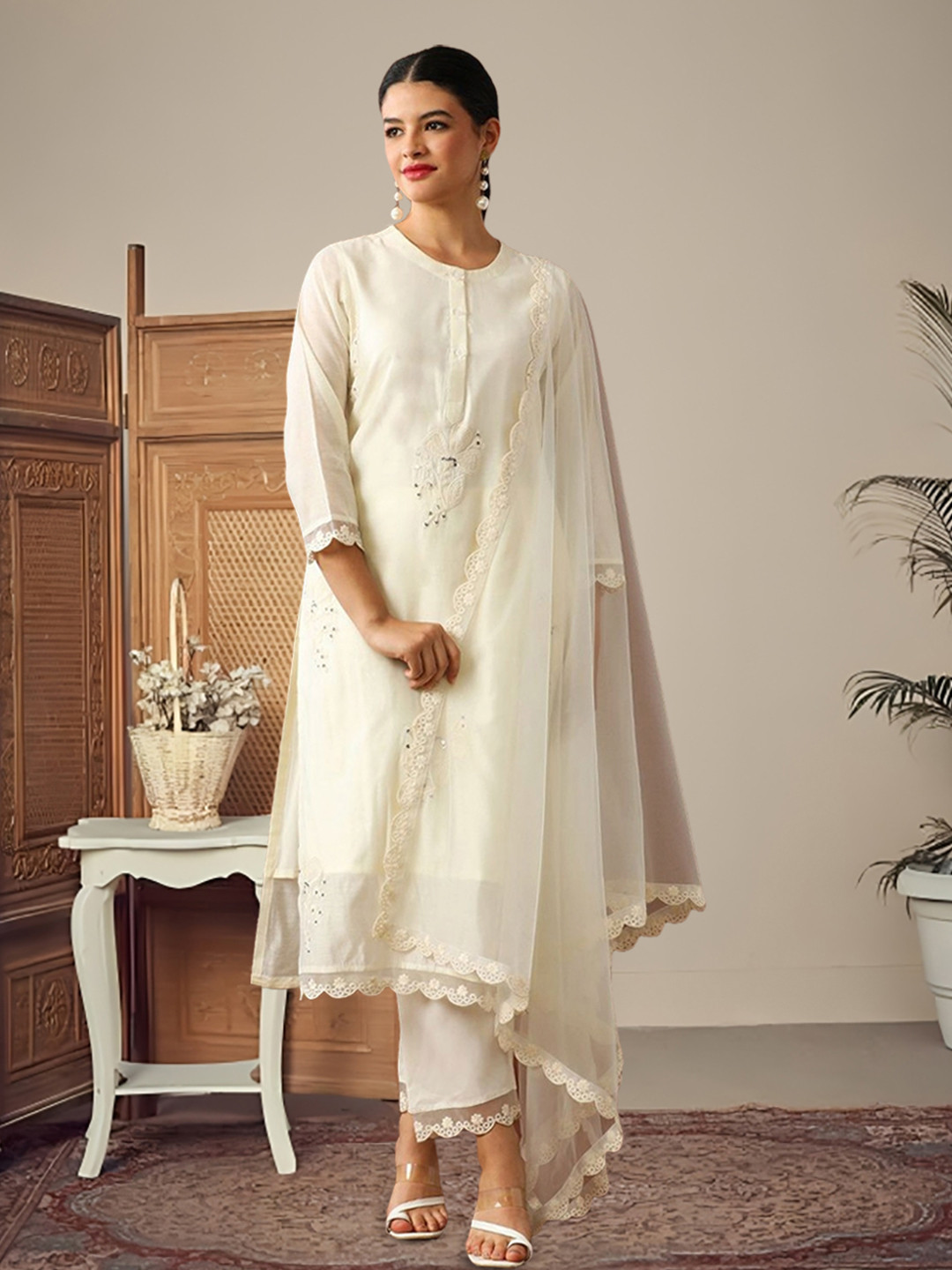 FABIAN FASHION Ethnic Motifs Embroidered Chanderi Cotton Kurta with Trousers & Dupatta