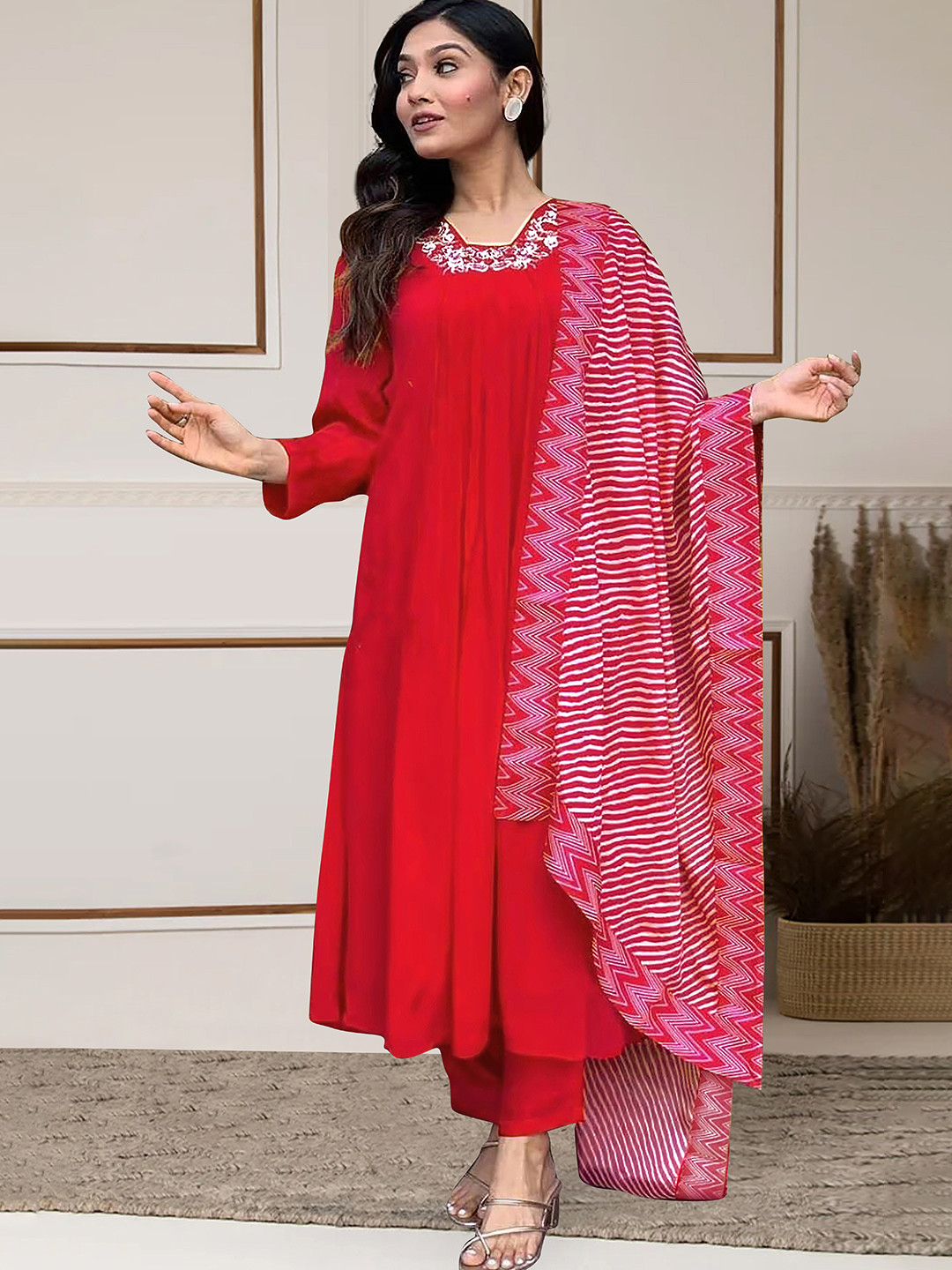 Moda Rapido Floral Yoke Design Square Neck Chinon Silk A-Line Kurta With Trouser & Dupatta