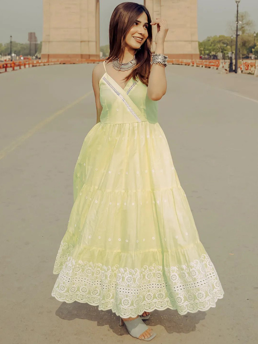 Gerua By Libas Womens Yellow Self Design Cotton Anarkali Kurta With Tr