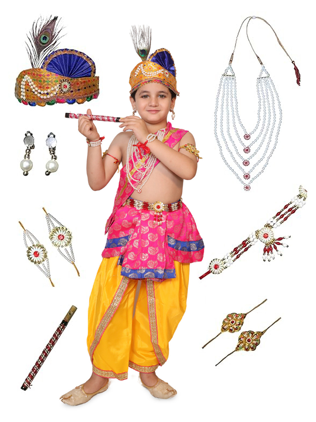 Kaku Fancy dresses Boys Woven Design Krishna Dress Costume With Accessories