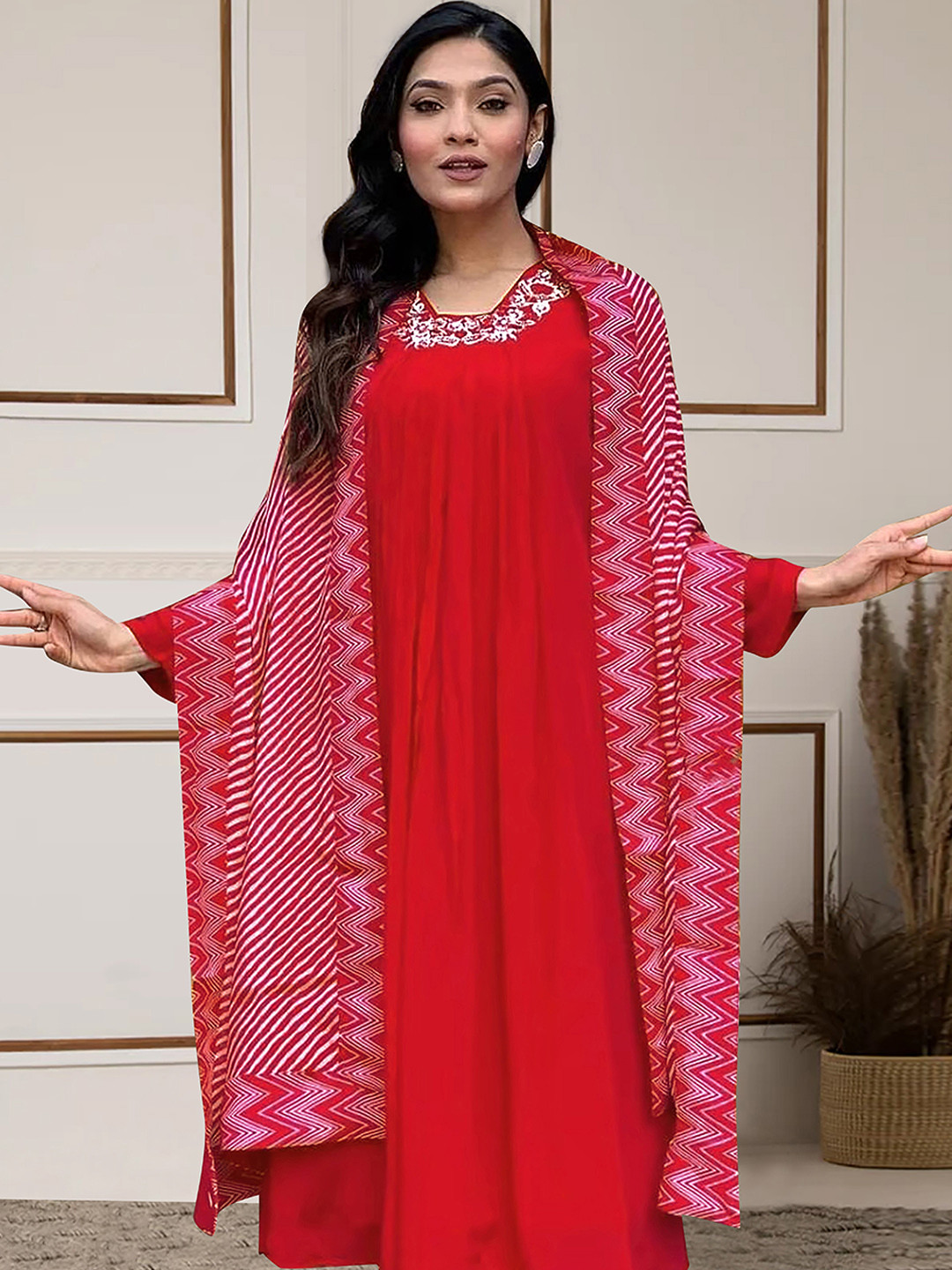 BAESD Floral Yoke Design Pleated Thread Work Chinon A-Line Kurta With Trousers & Dupatta