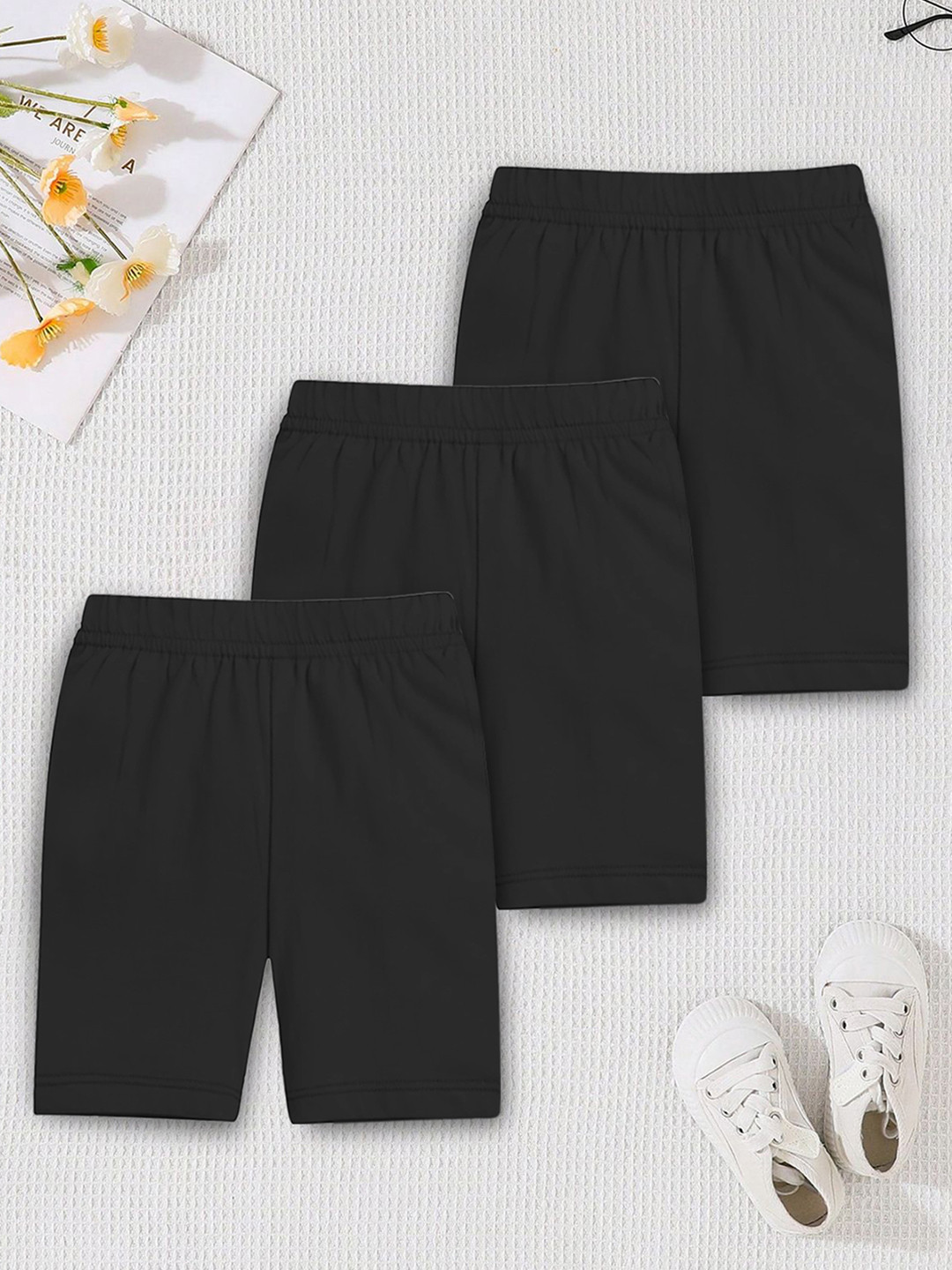 YK X Trampoline Girls Solid Pack of 3 Slim Fit Cotton Lycra Cycling Sports Shorts