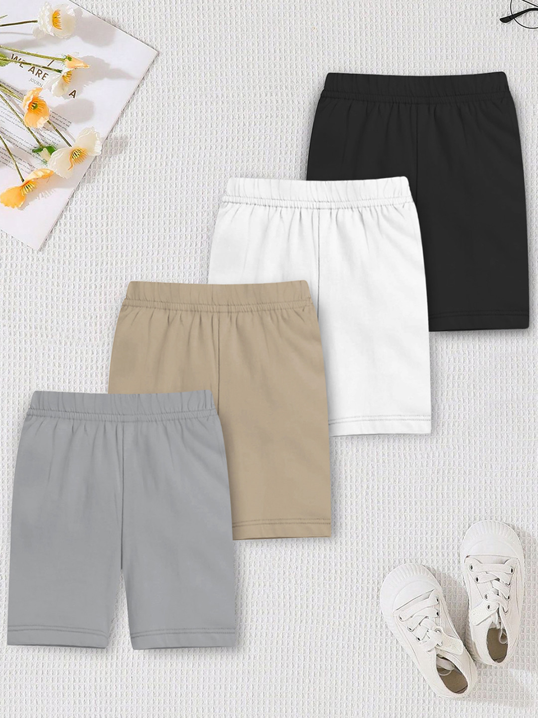 YK X Trampoline Girls Solid Pack of 4 Slim Fit Cotton Lycra Cycling Sports Shorts