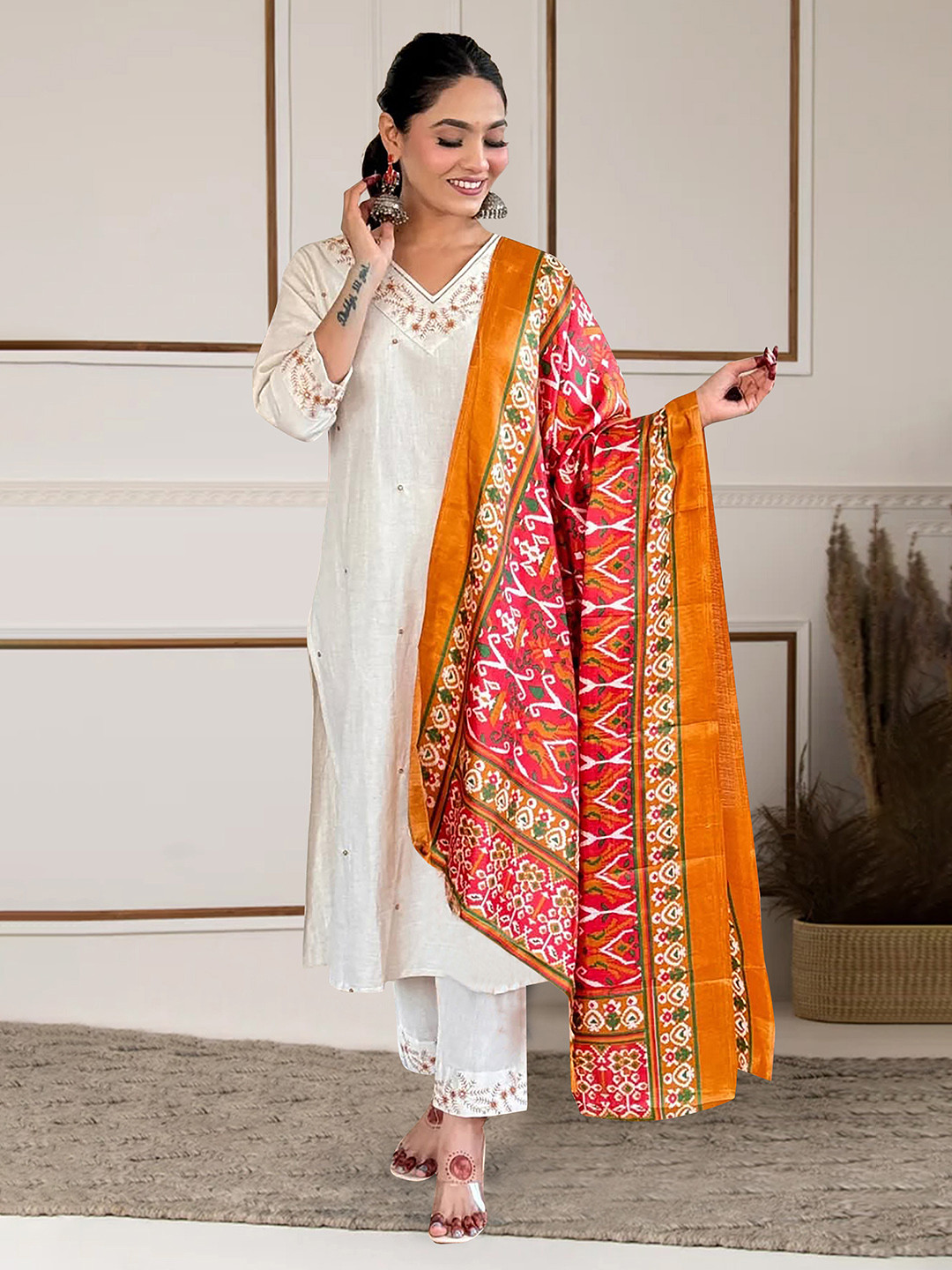 FASHION DREAM Floral Yoke Design Godavari Cotton Straight Kurta With Trousers & Dupatta