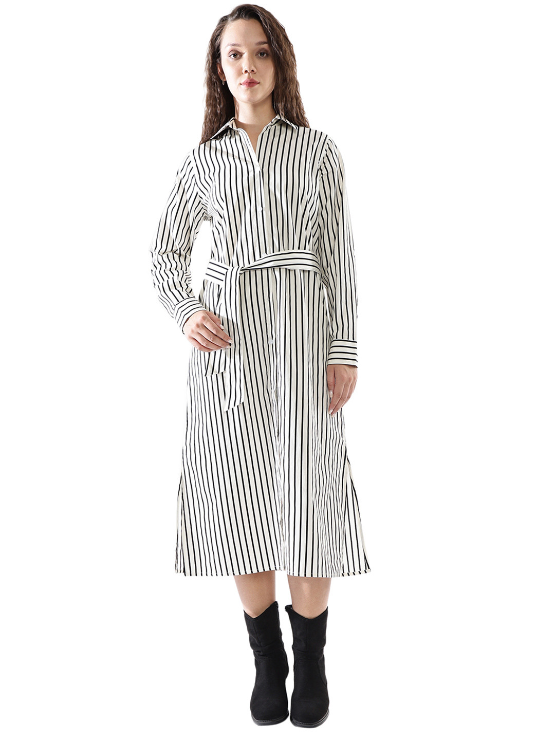 High Star Striped A line with Belt At Waist Midi with Side Slit Dress