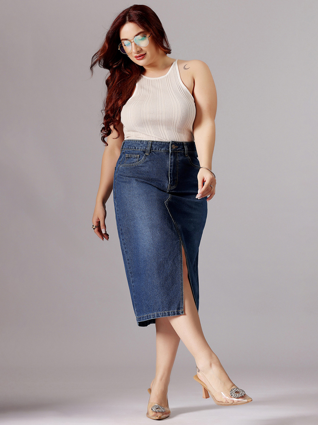 Miss Chase A+ Plus Size Women A-Line High-Rise Denim Midi Skirt With Front Slit