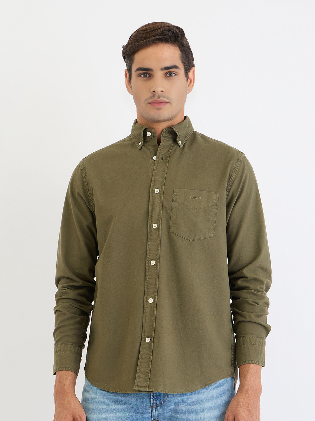 GANT Men Olive Solid Button Down Collar Shirt