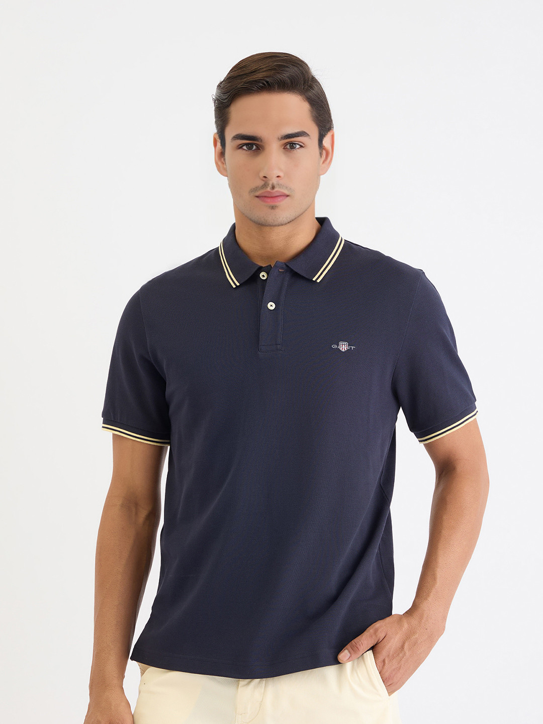 GANT Men Navy Solid Polo Collar Polo T-Shirt