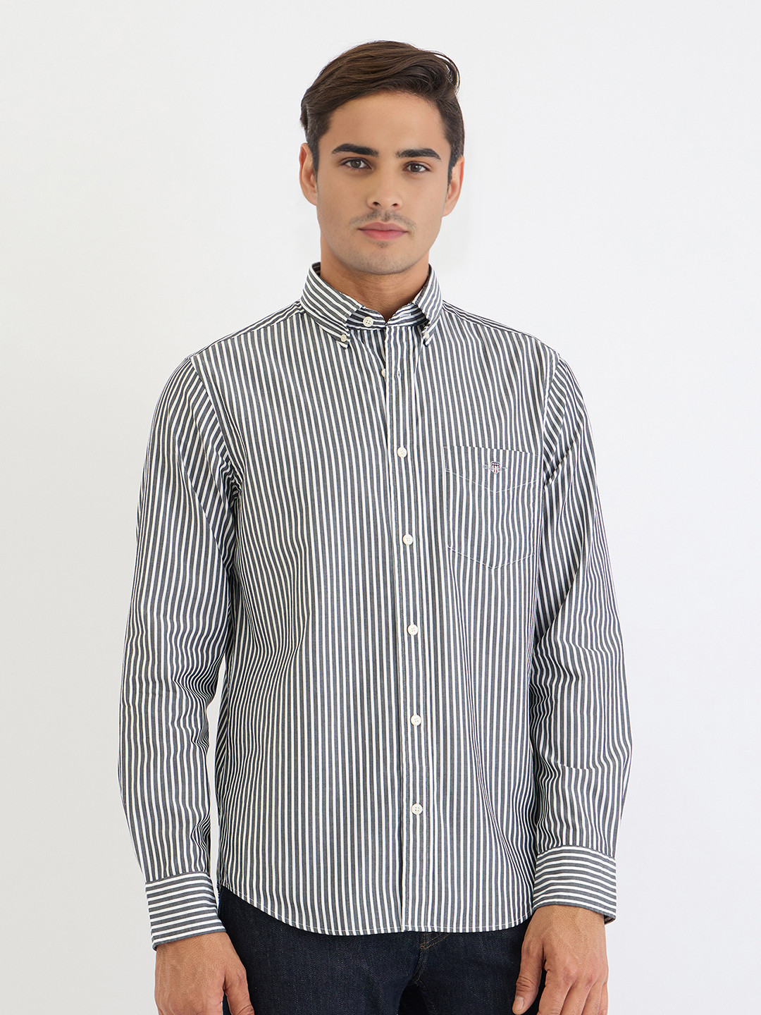 GANT Men Black Striped Button Down Collar Casual Shirt