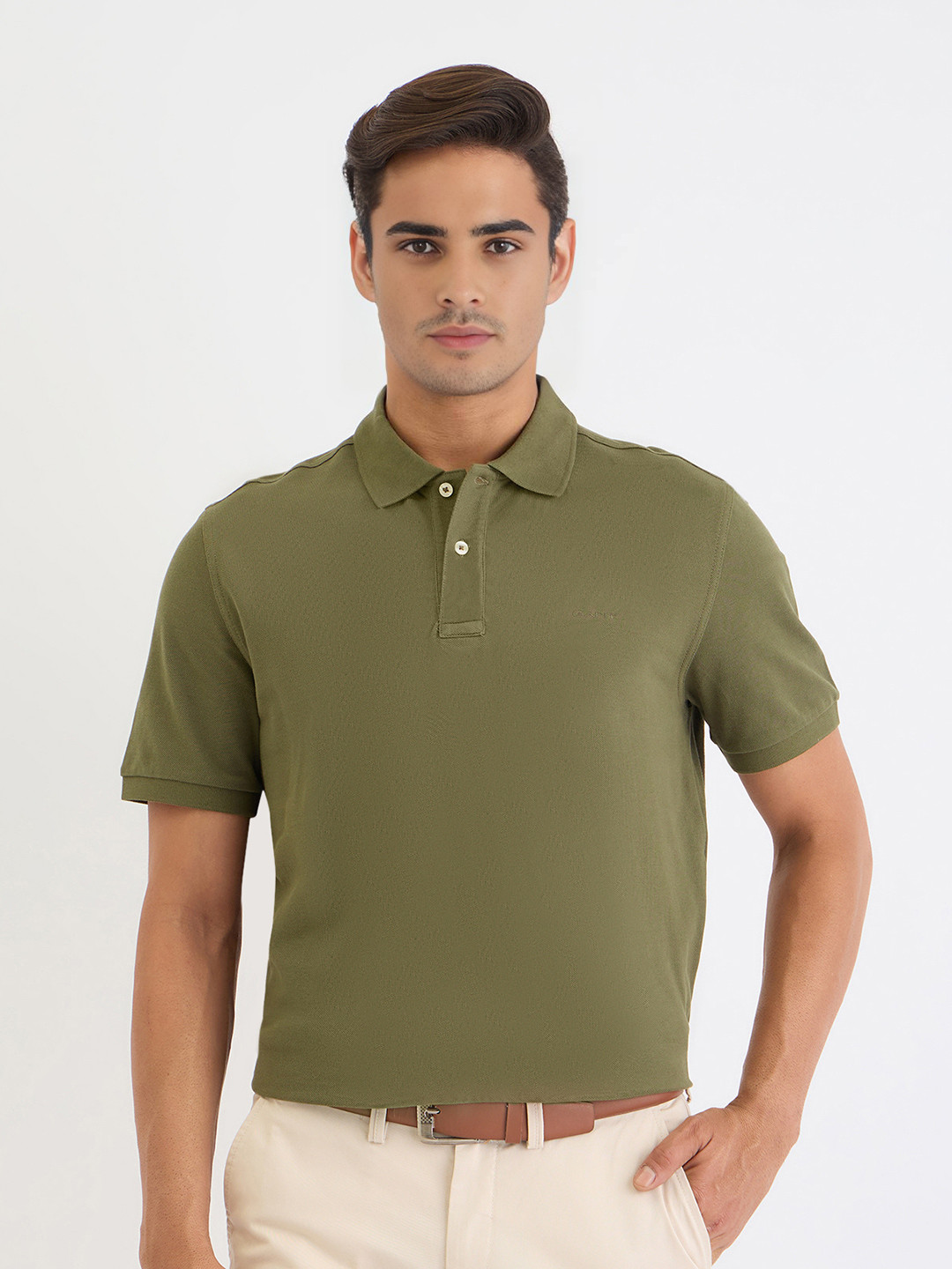 GANT Men Olive Solid Polo Collar Short Sleeves Polo T-Shirt