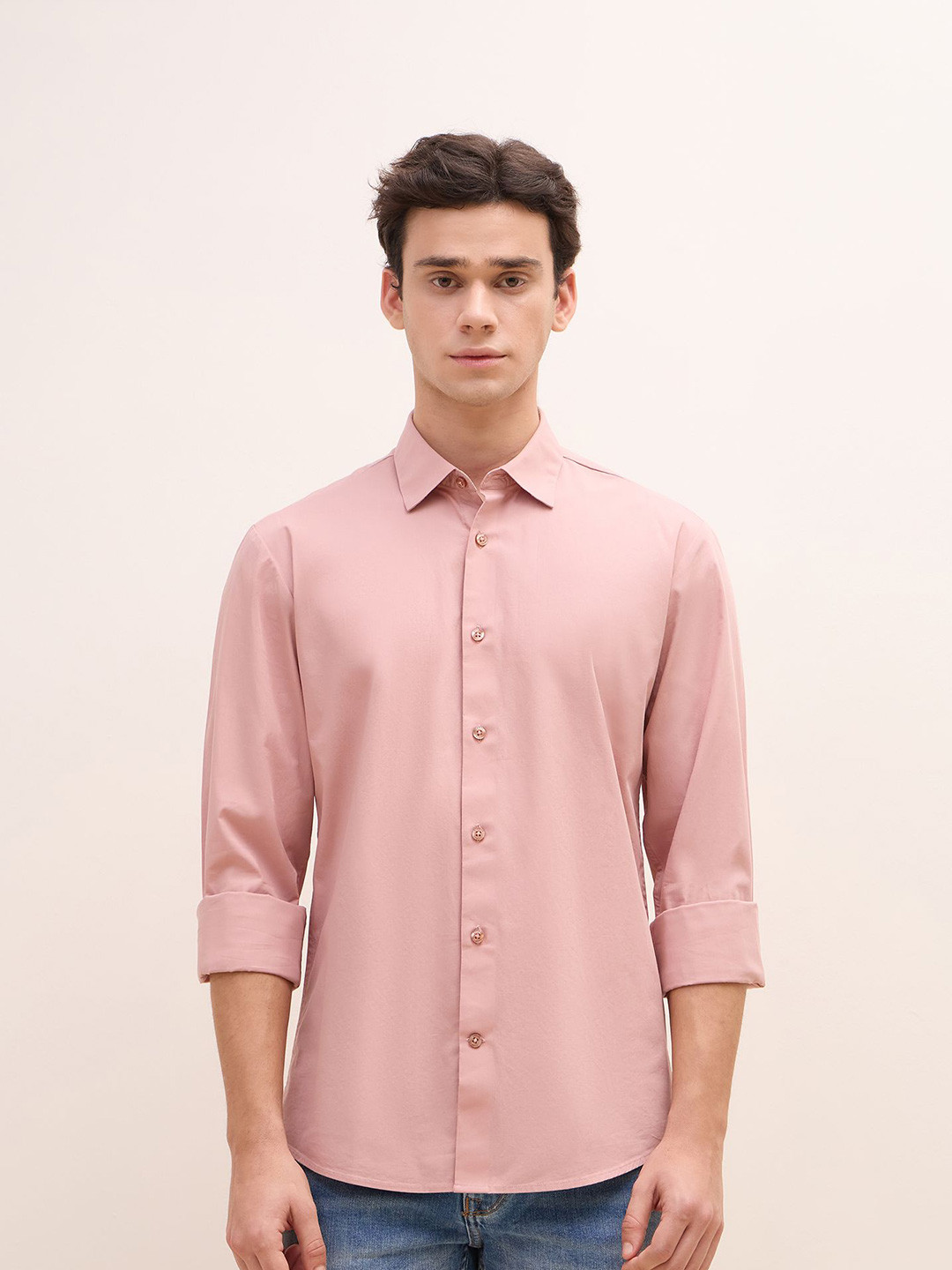 Iconic Men Solid Slim Fit Casual Shirt with Brand Logo Embroidered Detail