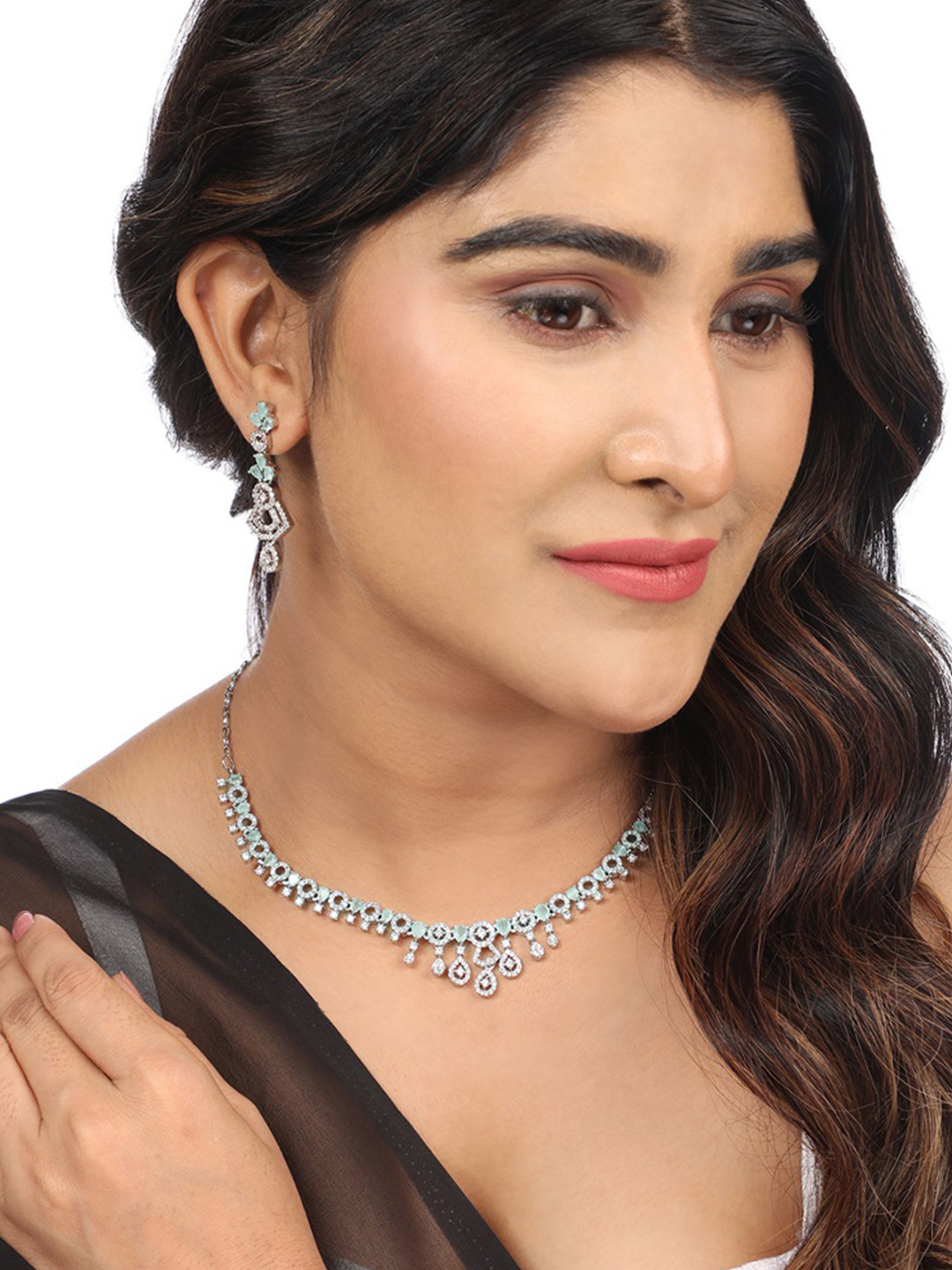 Opal Touch Rhodium-Plated American Diamond-Studded Jewellery Set